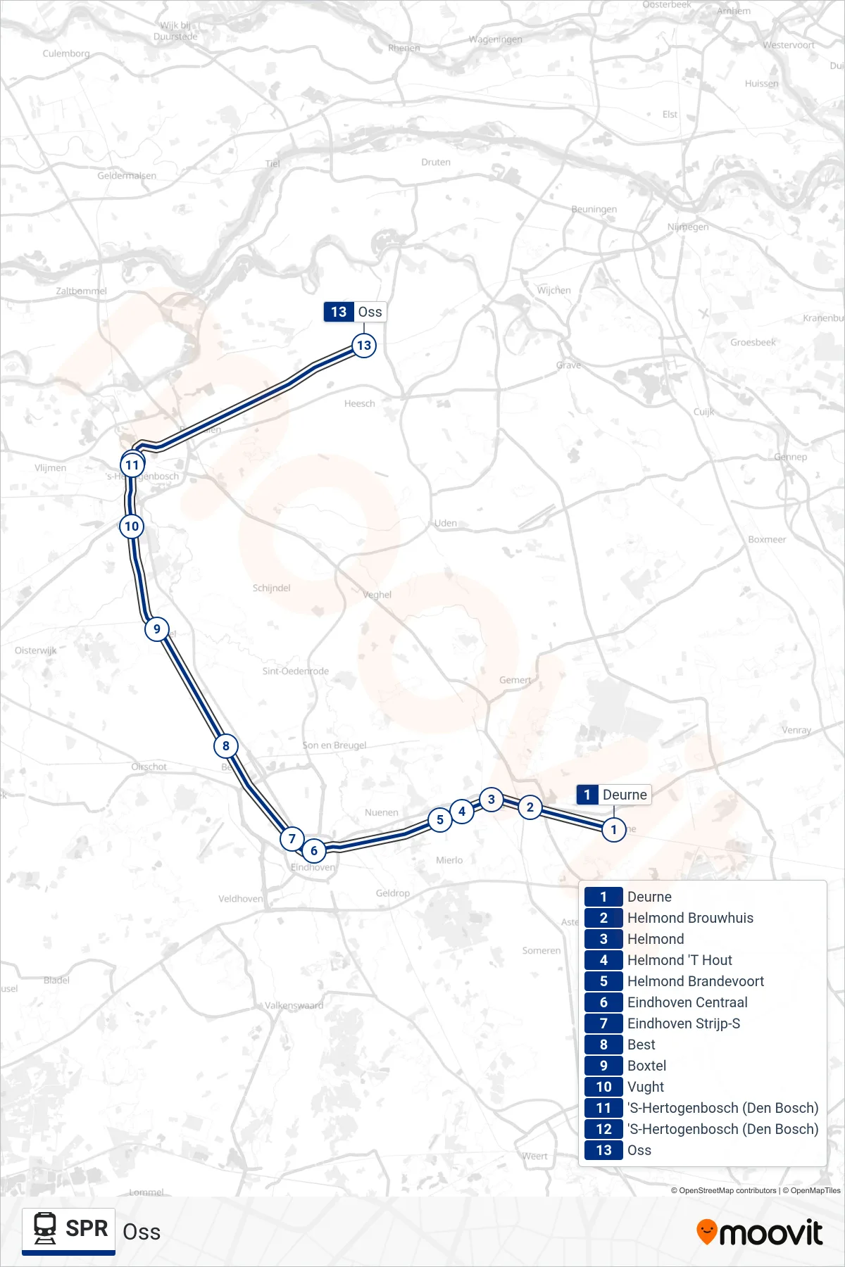 Lijn SPR (trein, Oss): route en haltes op de kaart