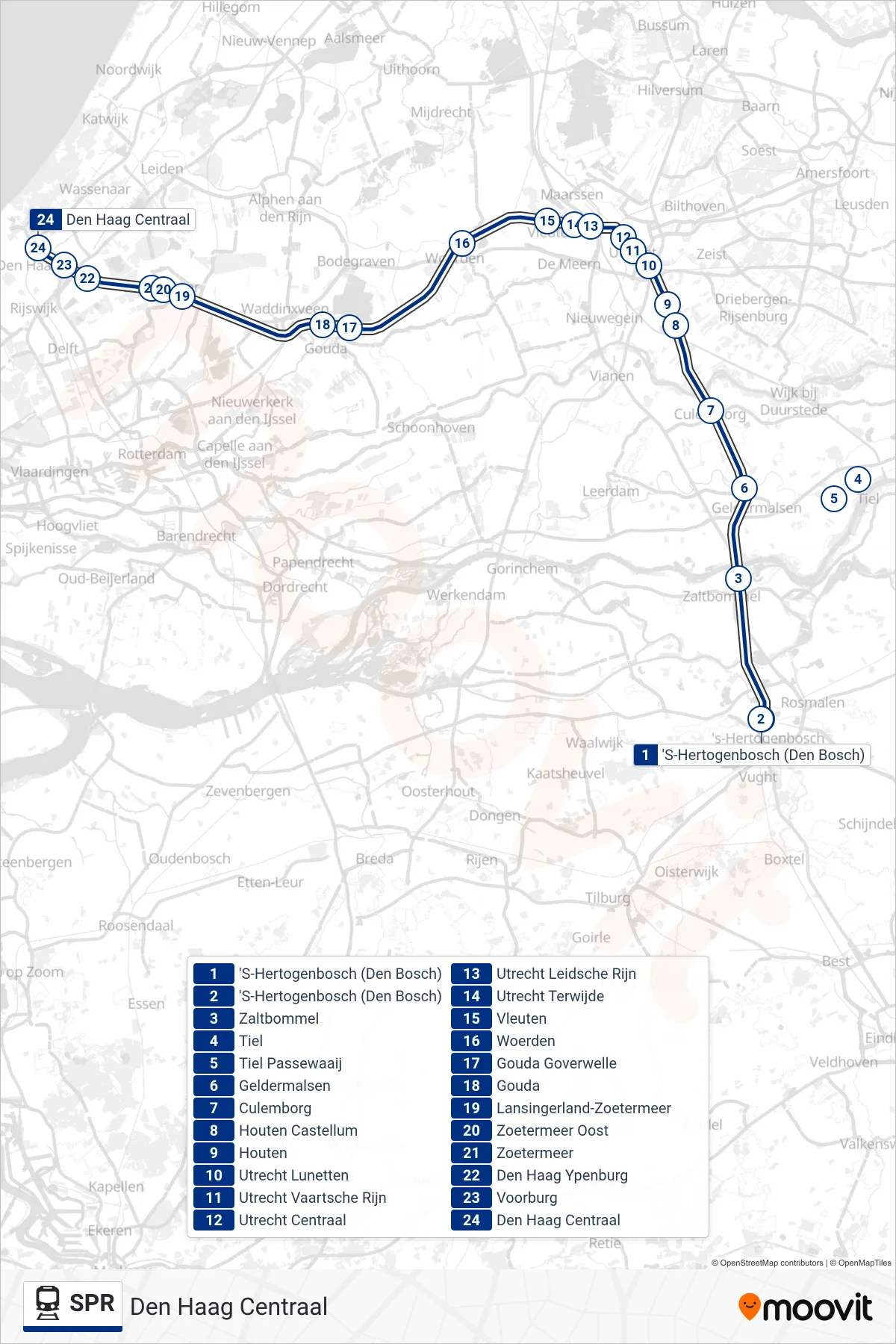 Lijn SPR (trein, Den Haag Centraal): route en haltes op de kaart