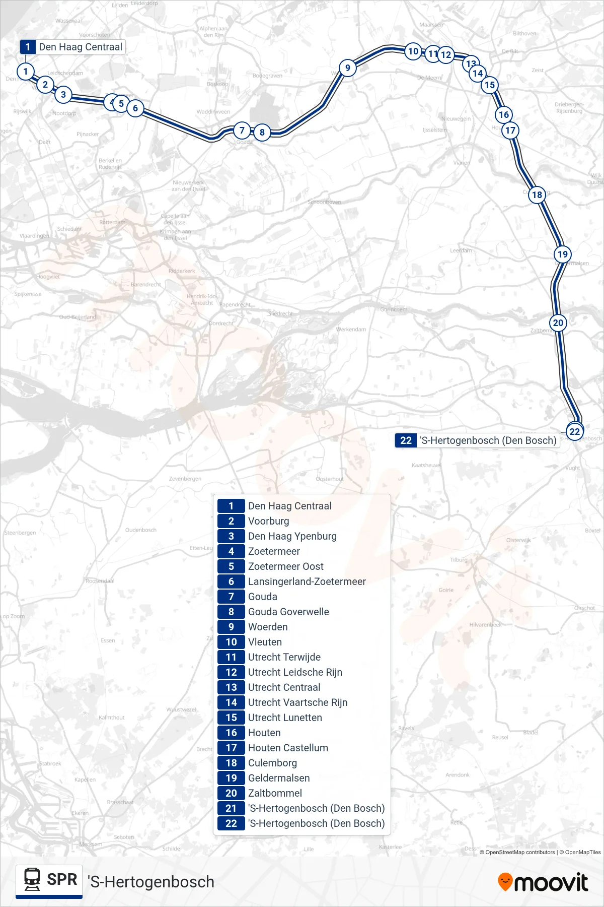 Lijn SPR (trein, 'S-Hertogenbosch): route en haltes op de kaart