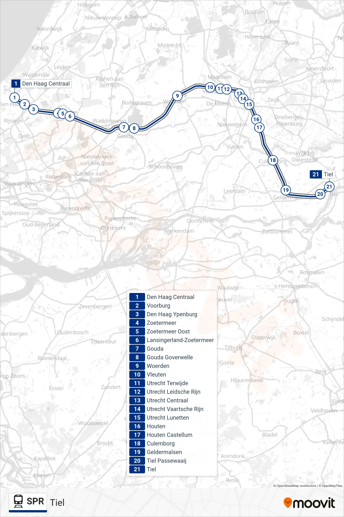 Lijn SPR (trein, Tiel): route en haltes op de kaart