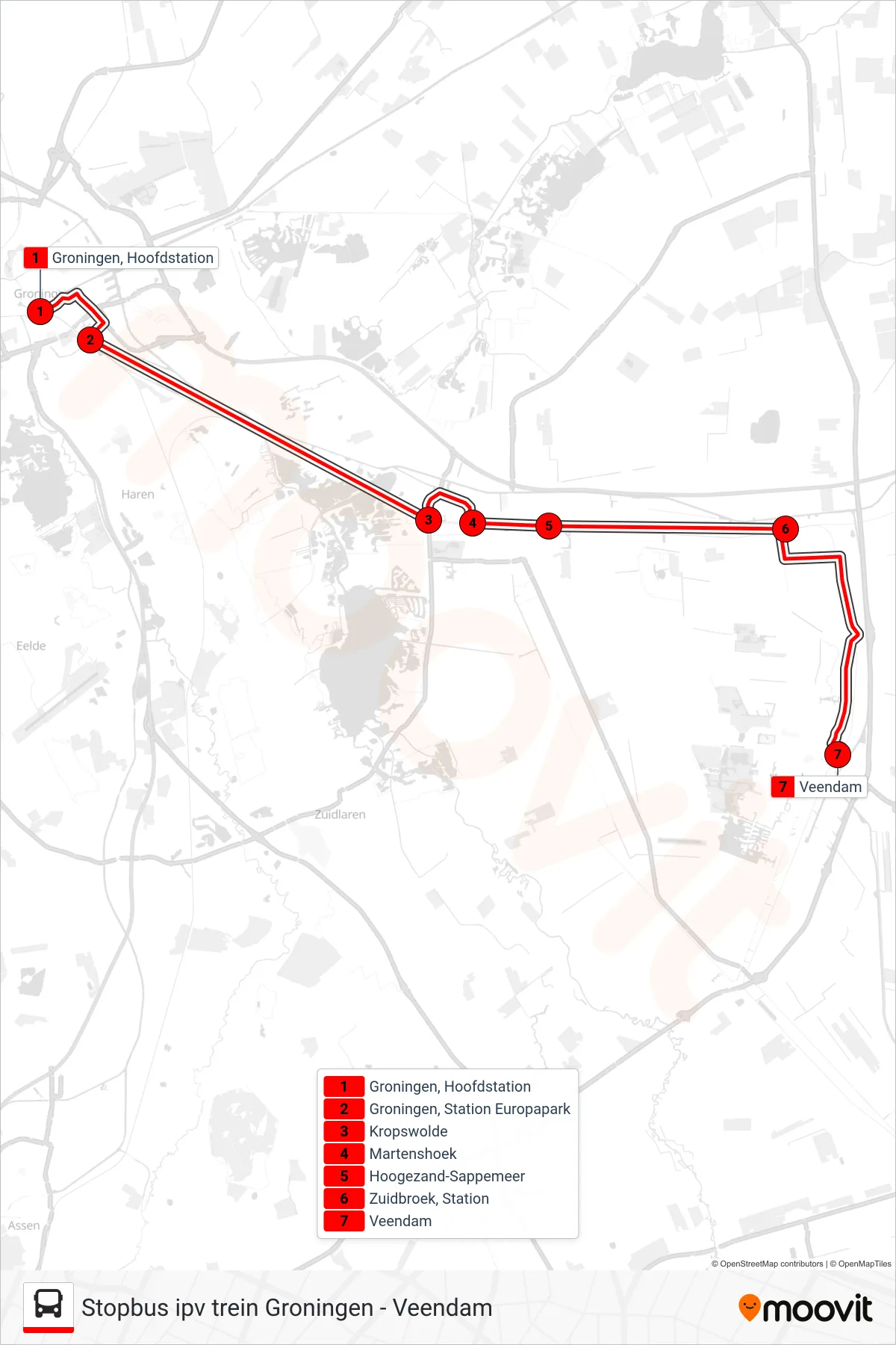 STOPBUS IPV TREIN tram Line (Veendam) route and stops on a map