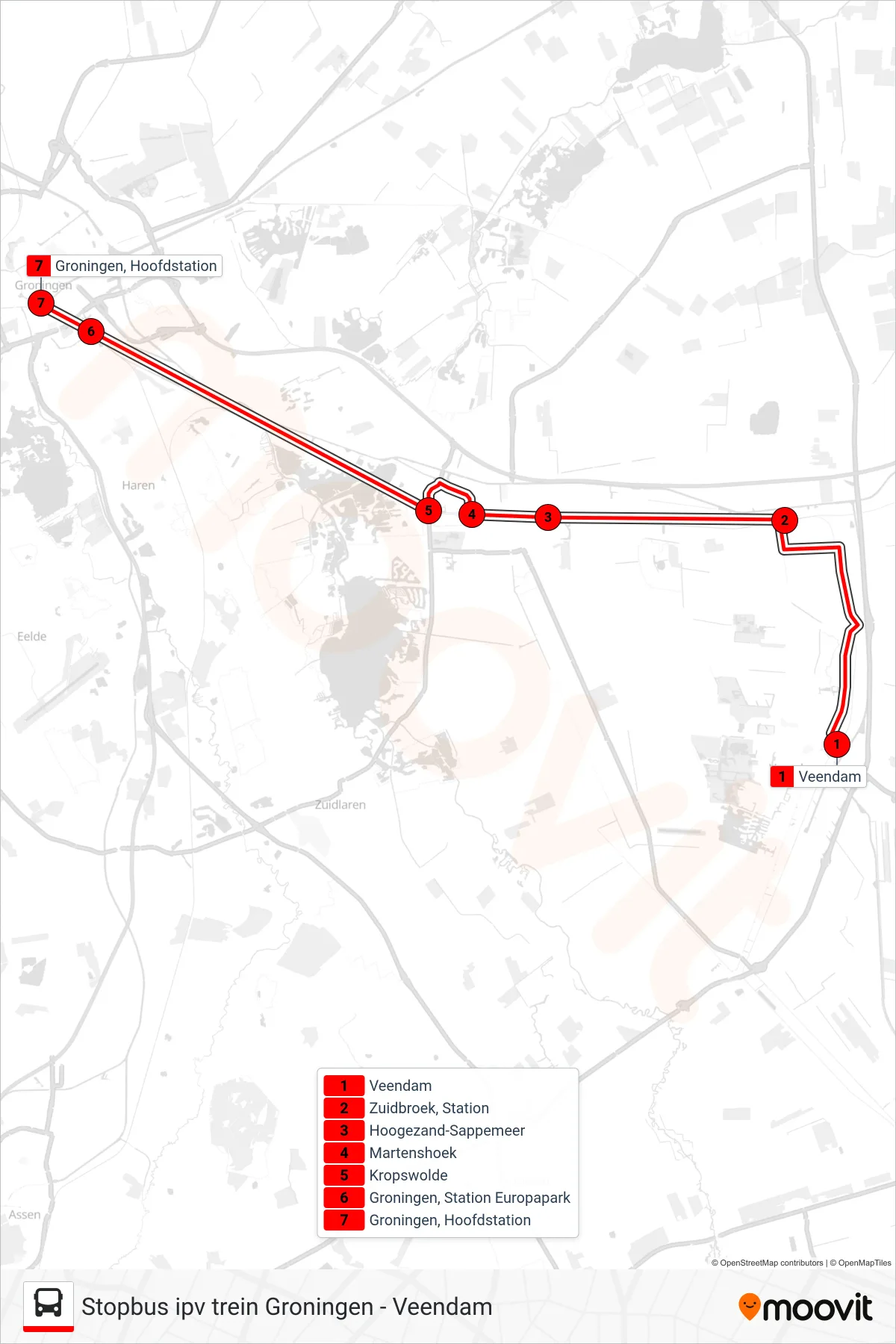 Lijn STOPBUS IPV TREIN (tram, Groningen): route en haltes op de kaart