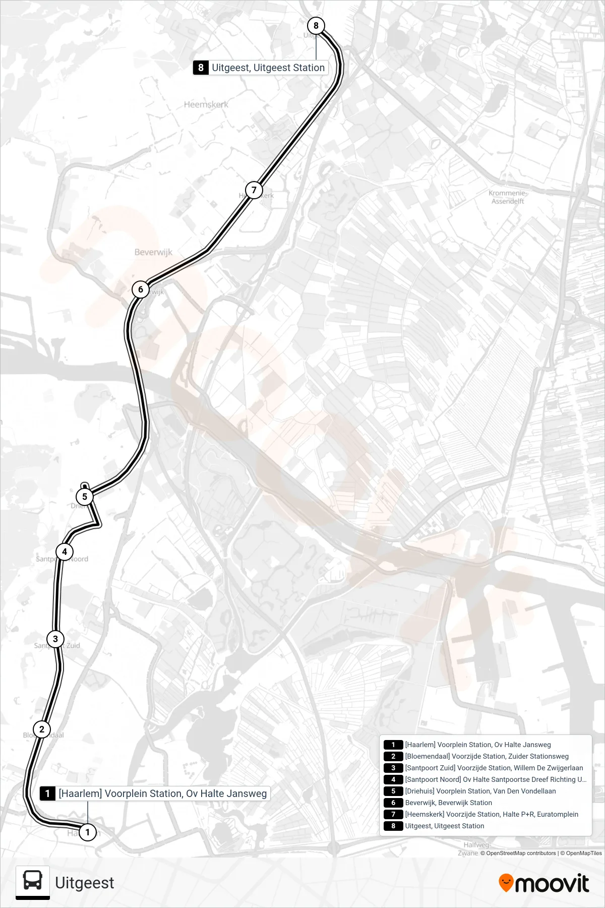 Lijn STOPBUS IPV TREIN (bus, Uitgeest): route en haltes op de kaart