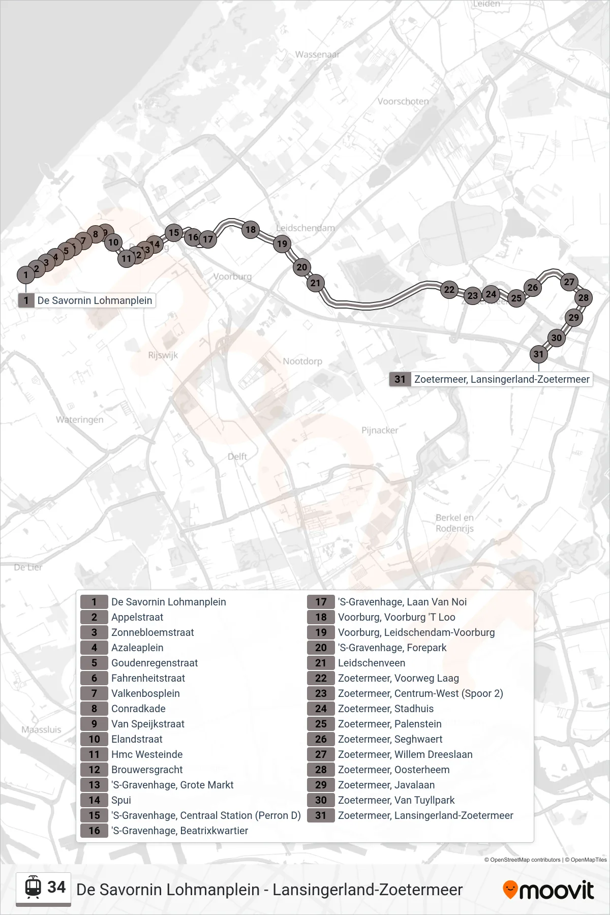 Lijn 34 (tram, Den Haag De Sav Lohmanpl): route en haltes op de kaart