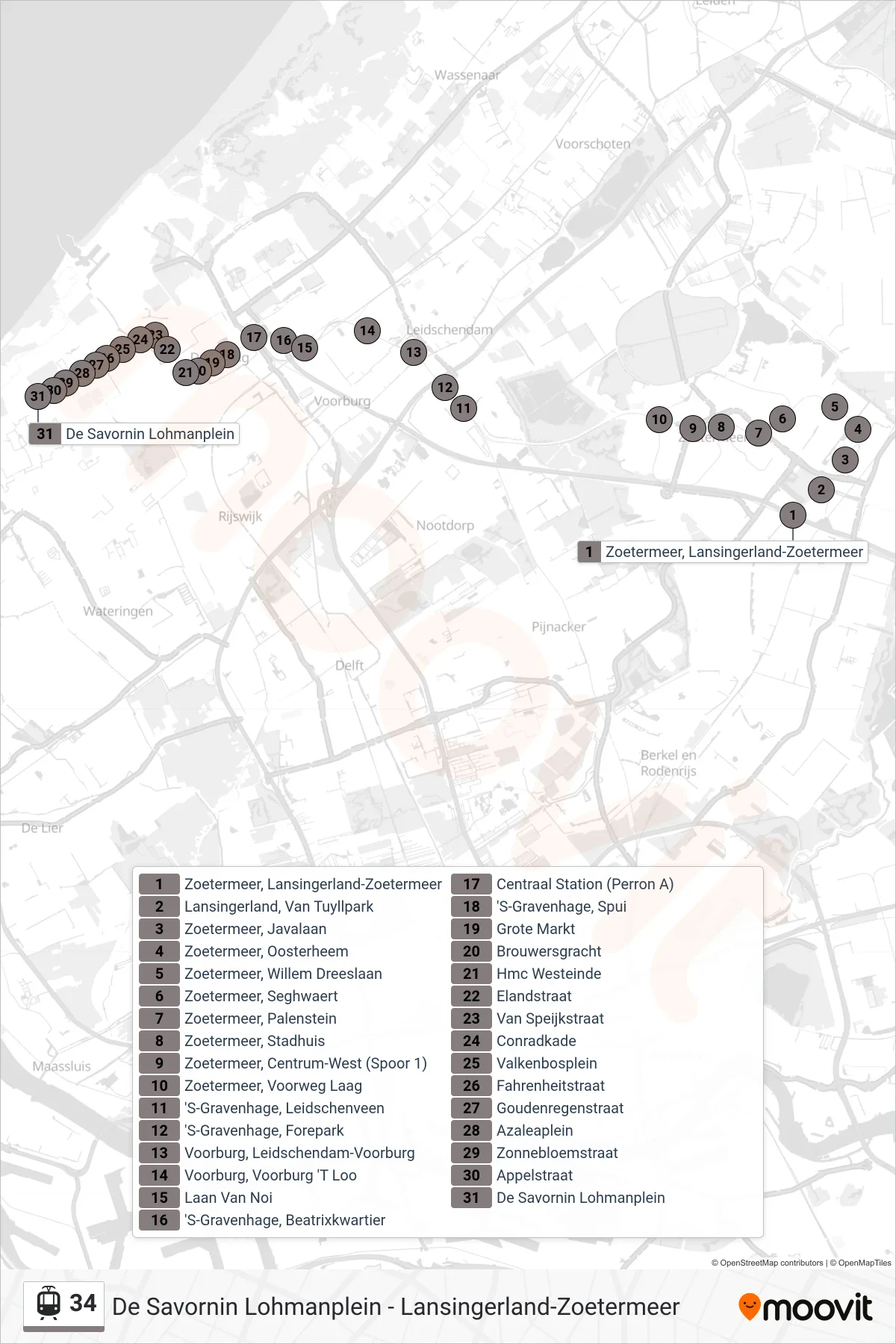 Lijn 34 (tram, Lansingerland Zoetermeer): route en haltes op de kaart
