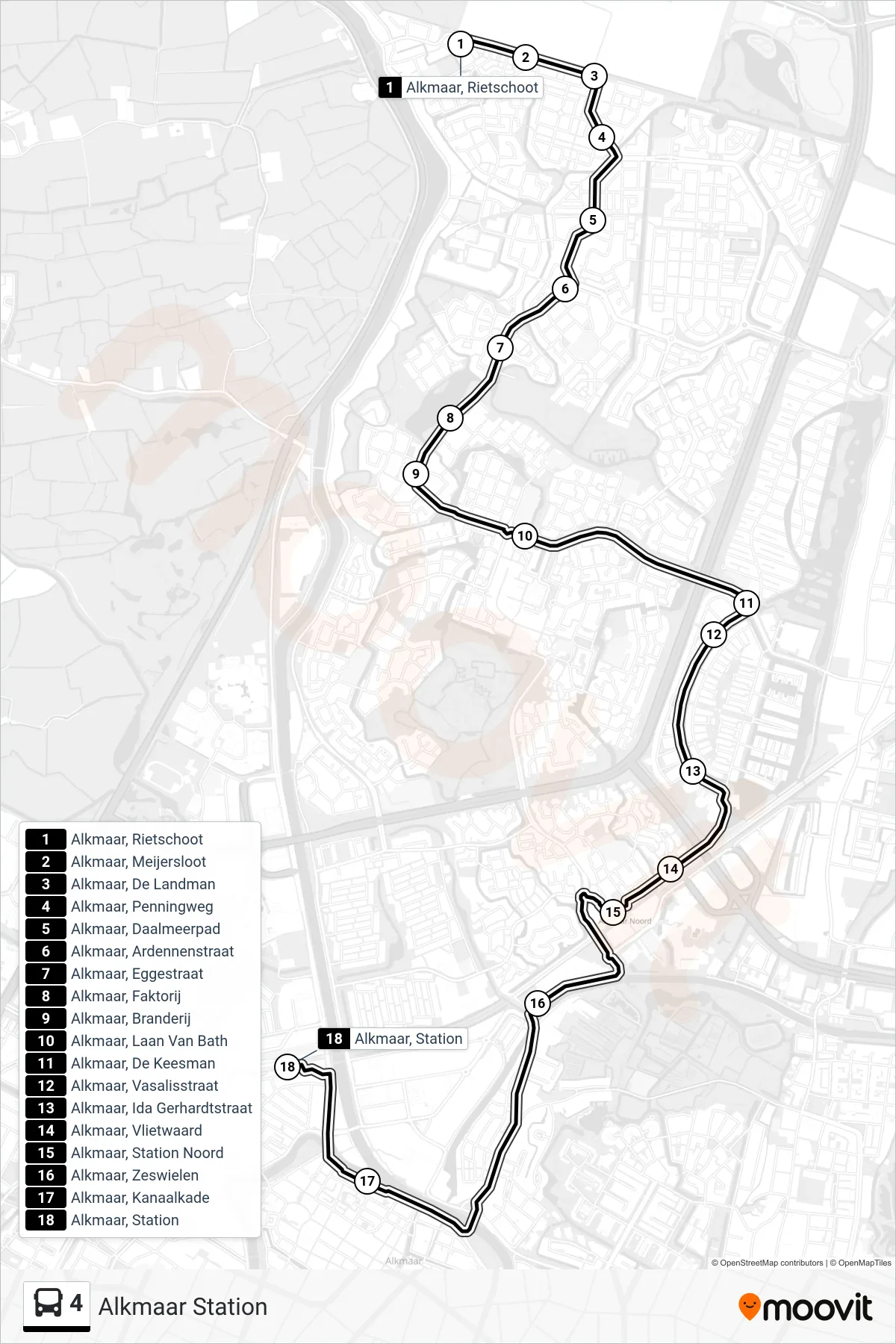 Lijn 4 (bus, Alkmaar Station): route en haltes op de kaart