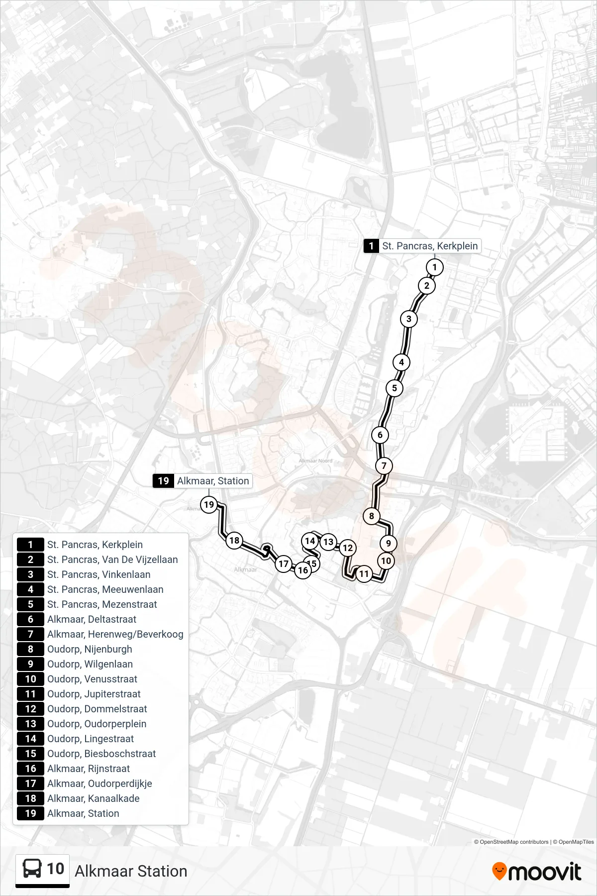 Lijn 10 (bus, Alkmaar Station): route en haltes op de kaart