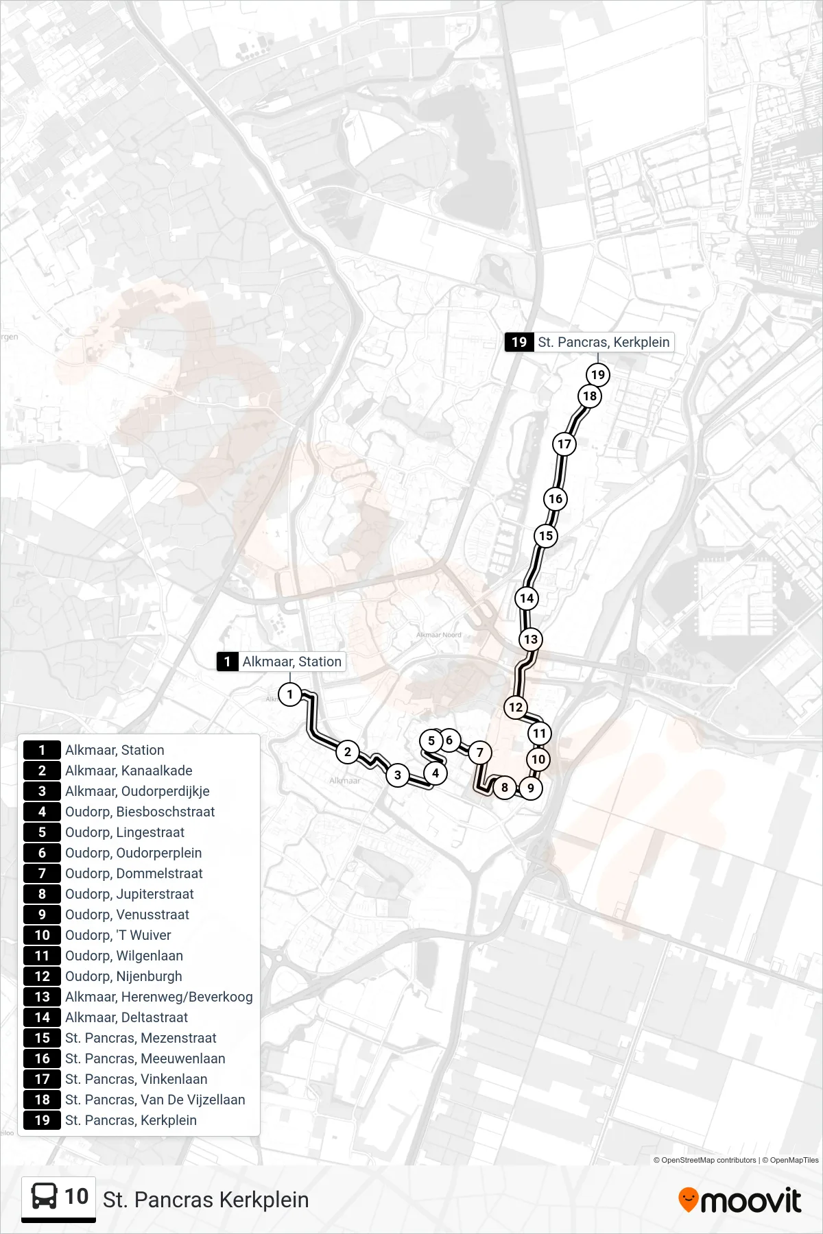 Lijn 10 (bus, St. Pancras Kerkplein): route en haltes op de kaart
