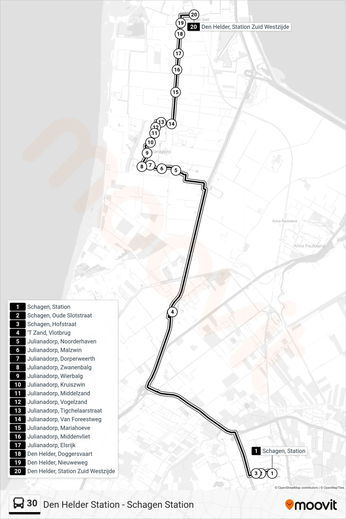 Lijn 30 (bus, Den Helder Station Zuid): route en haltes op de kaart