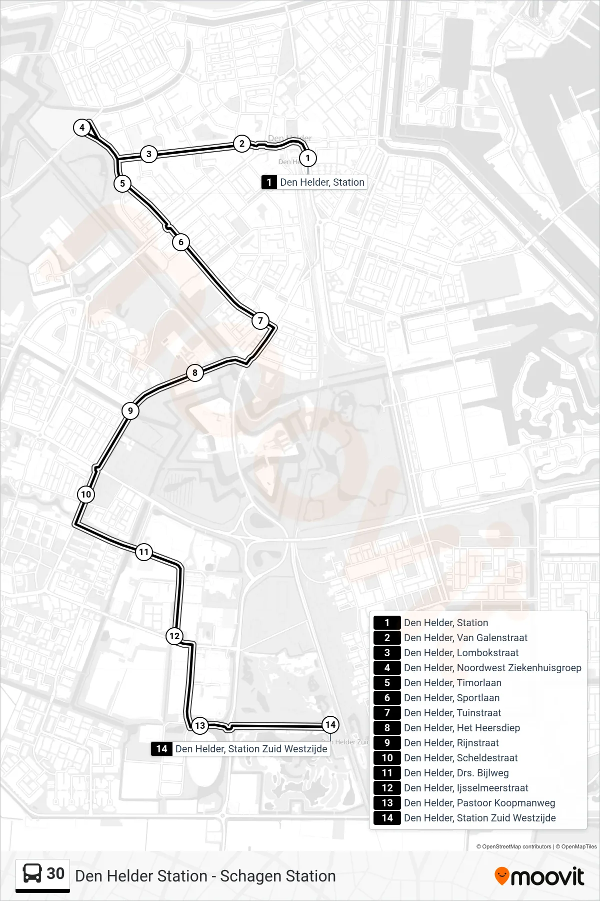 Lijn 30 (bus, Den Helder Station Zuid): route en haltes op de kaart