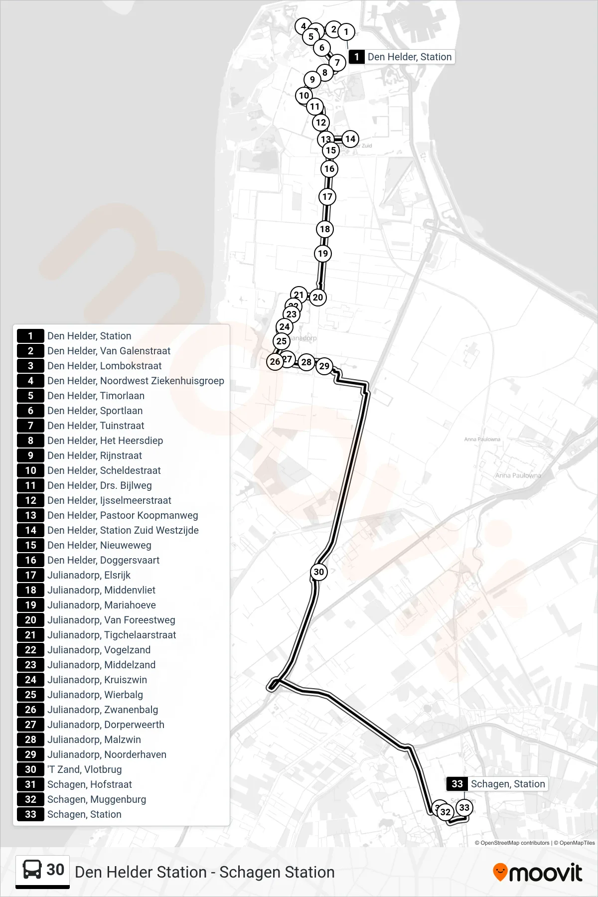 30 bus Line (Schagen Station) route and stops on a map