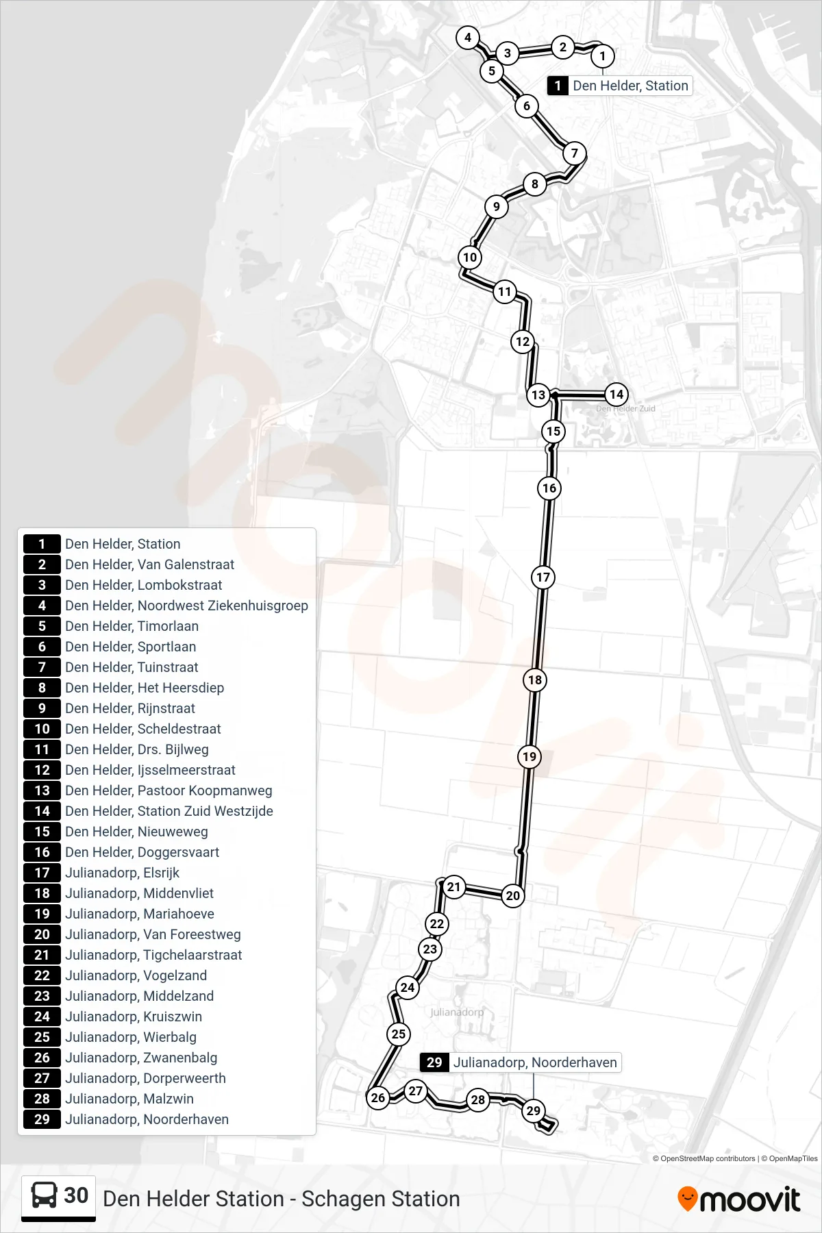 30 bus Line (Julianadorp Noorderhaven) route and stops on a map