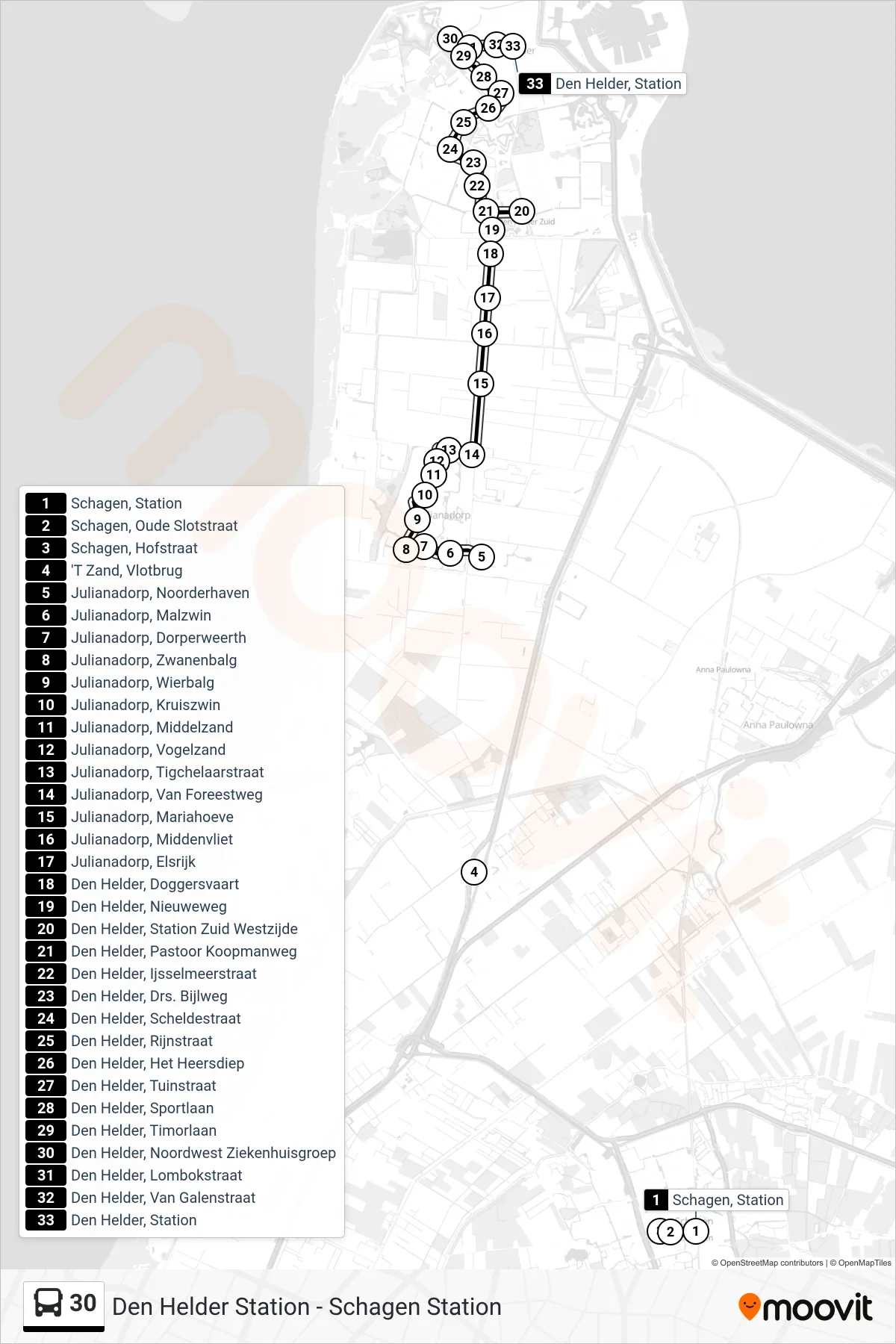 Lijn 30 (bus, Den Helder Station): route en haltes op de kaart