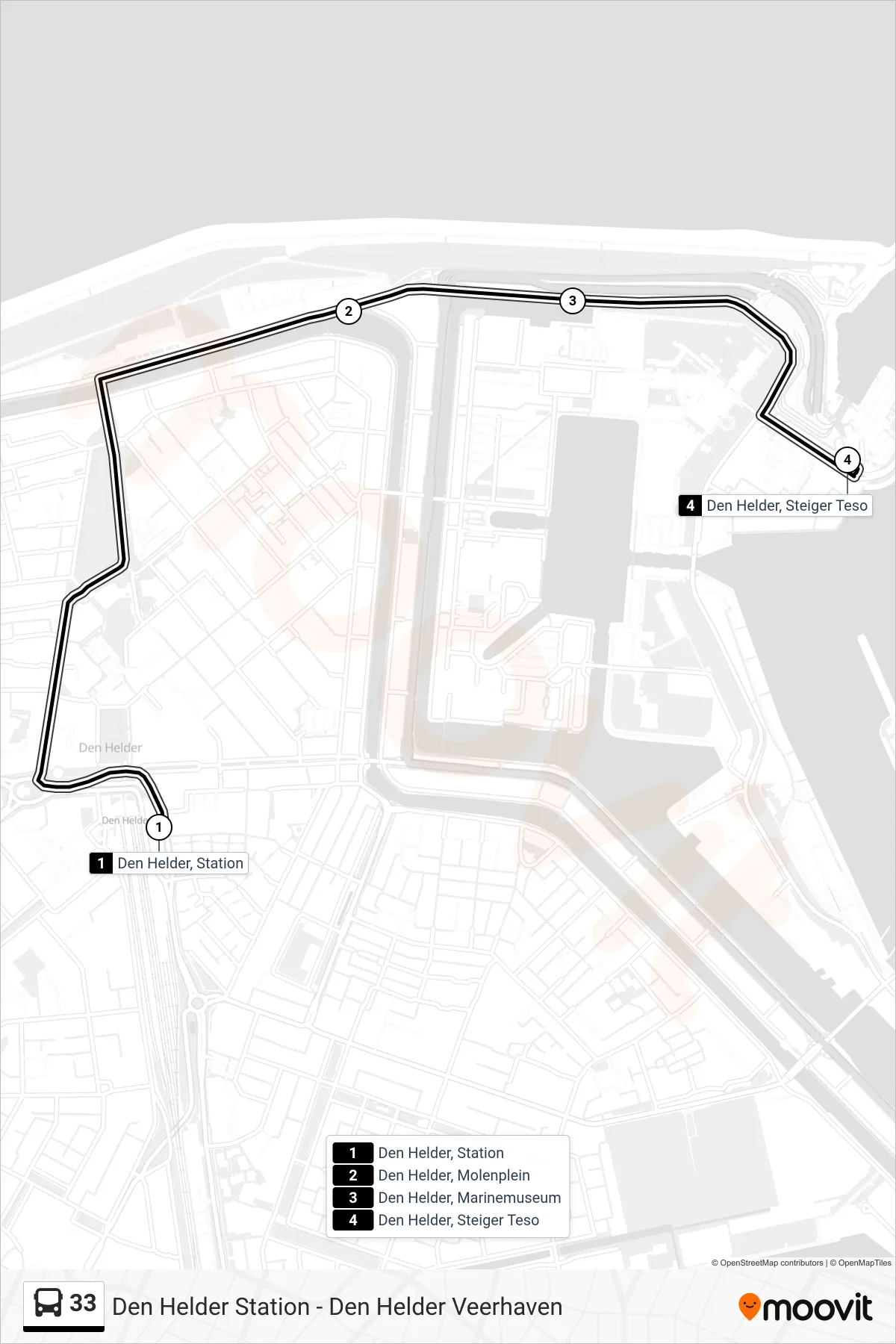 33 bus Line (Steiger Teso) route and stops on a map