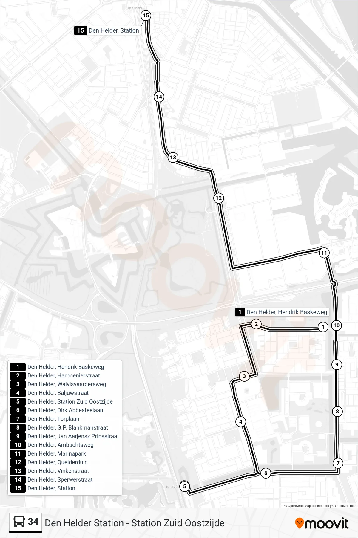 34 bus Line (Den Helder Station) route and stops on a map