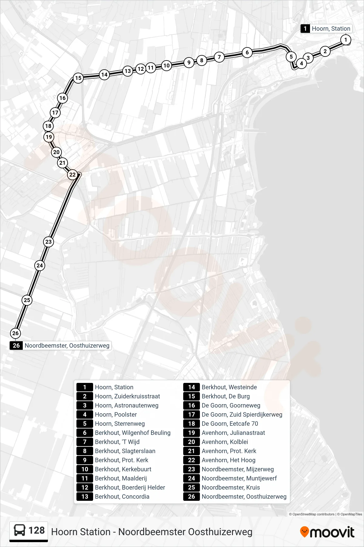 Lijn 128 (bus, Noordbeemster Oosthuizerweg): route en haltes op de kaart