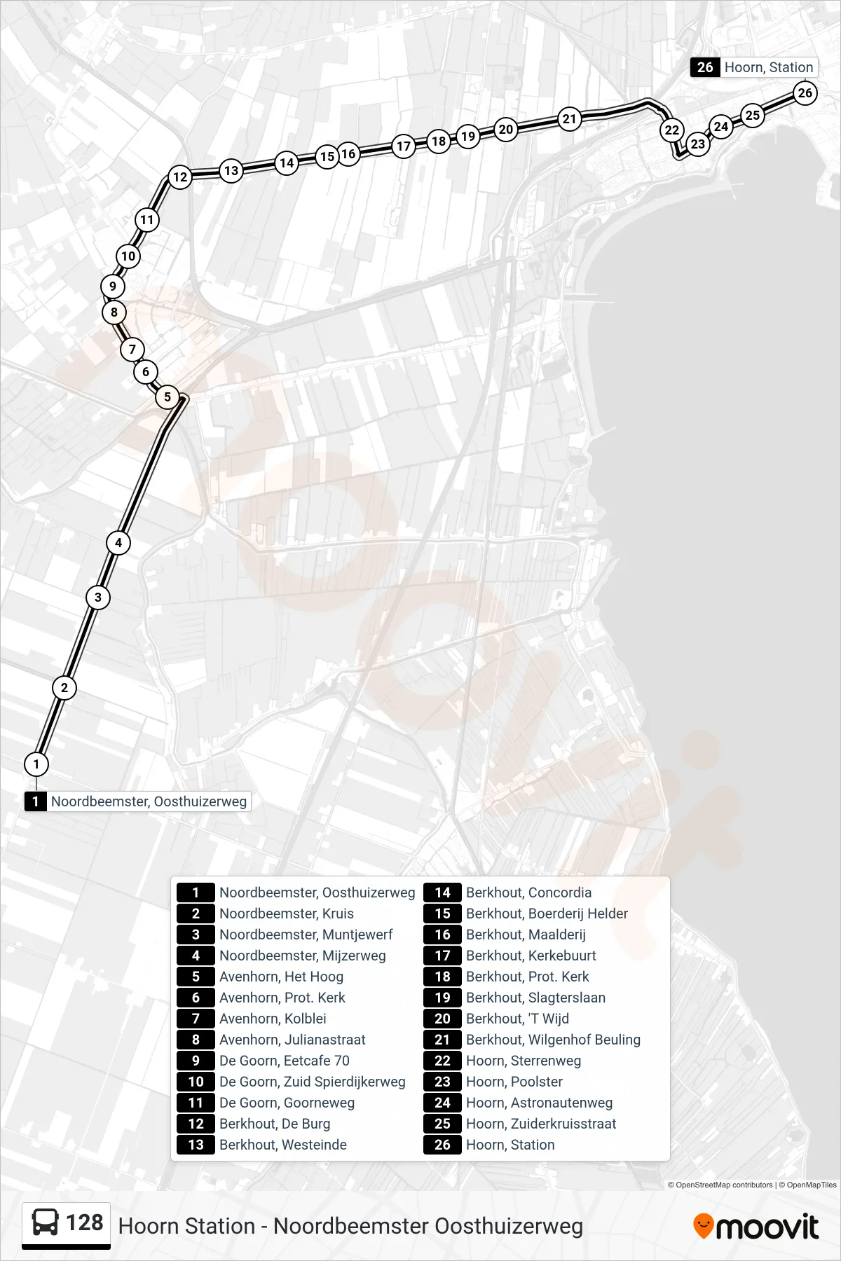 Lijn 128 (bus, Hoorn Station): route en haltes op de kaart