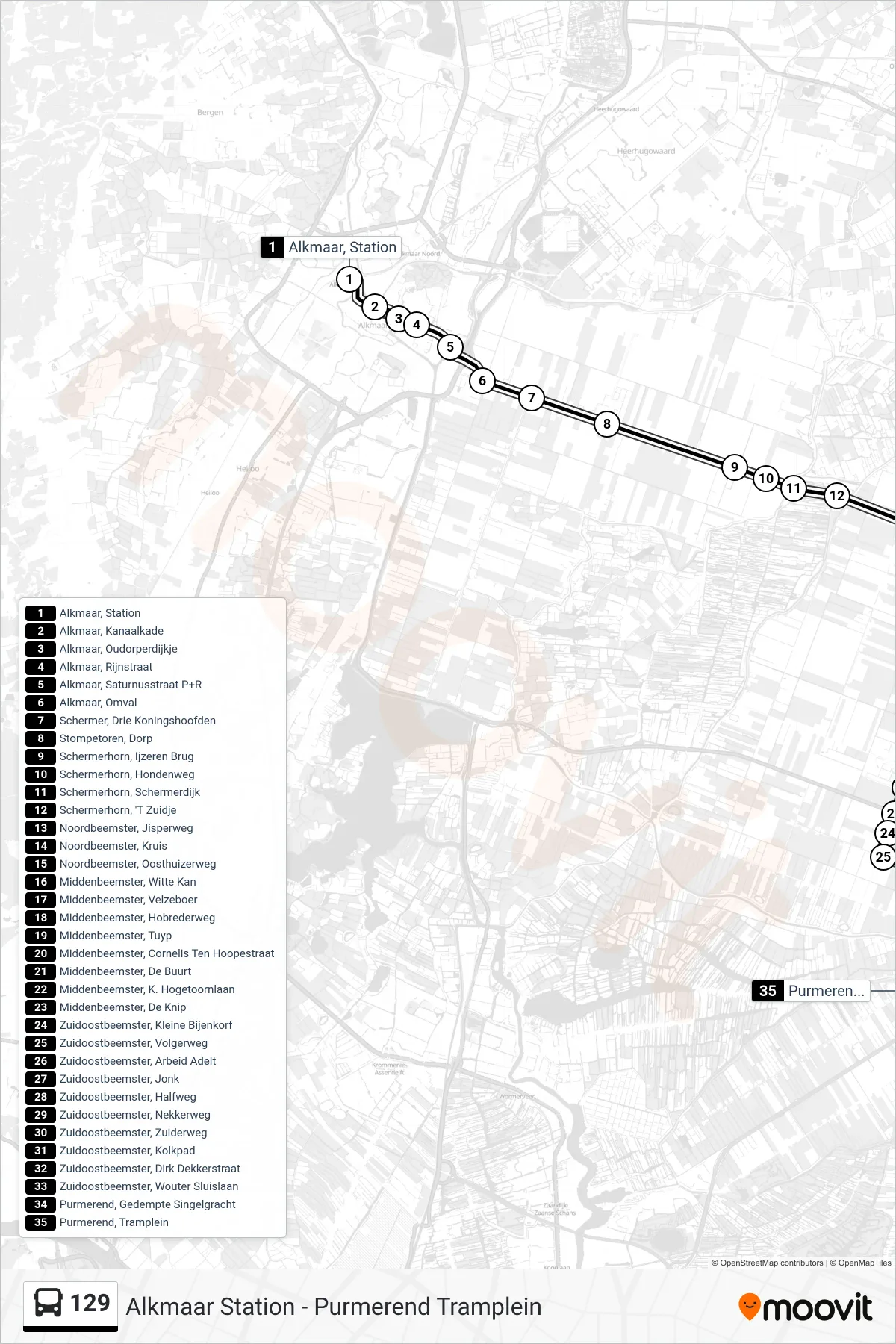 129 bus Line (Purmerend Tramplein) route and stops on a map