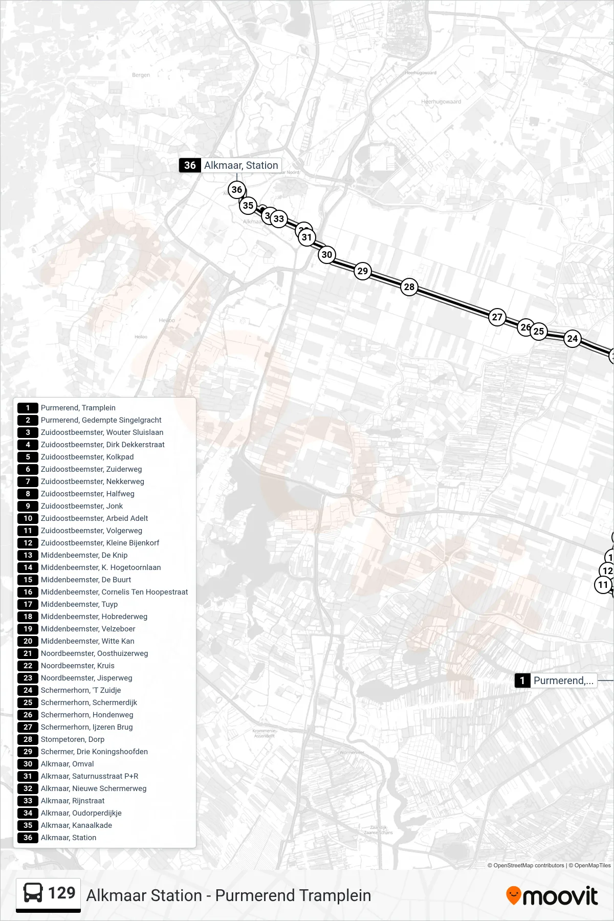 Lijn 129 (bus, Alkmaar Station): route en haltes op de kaart