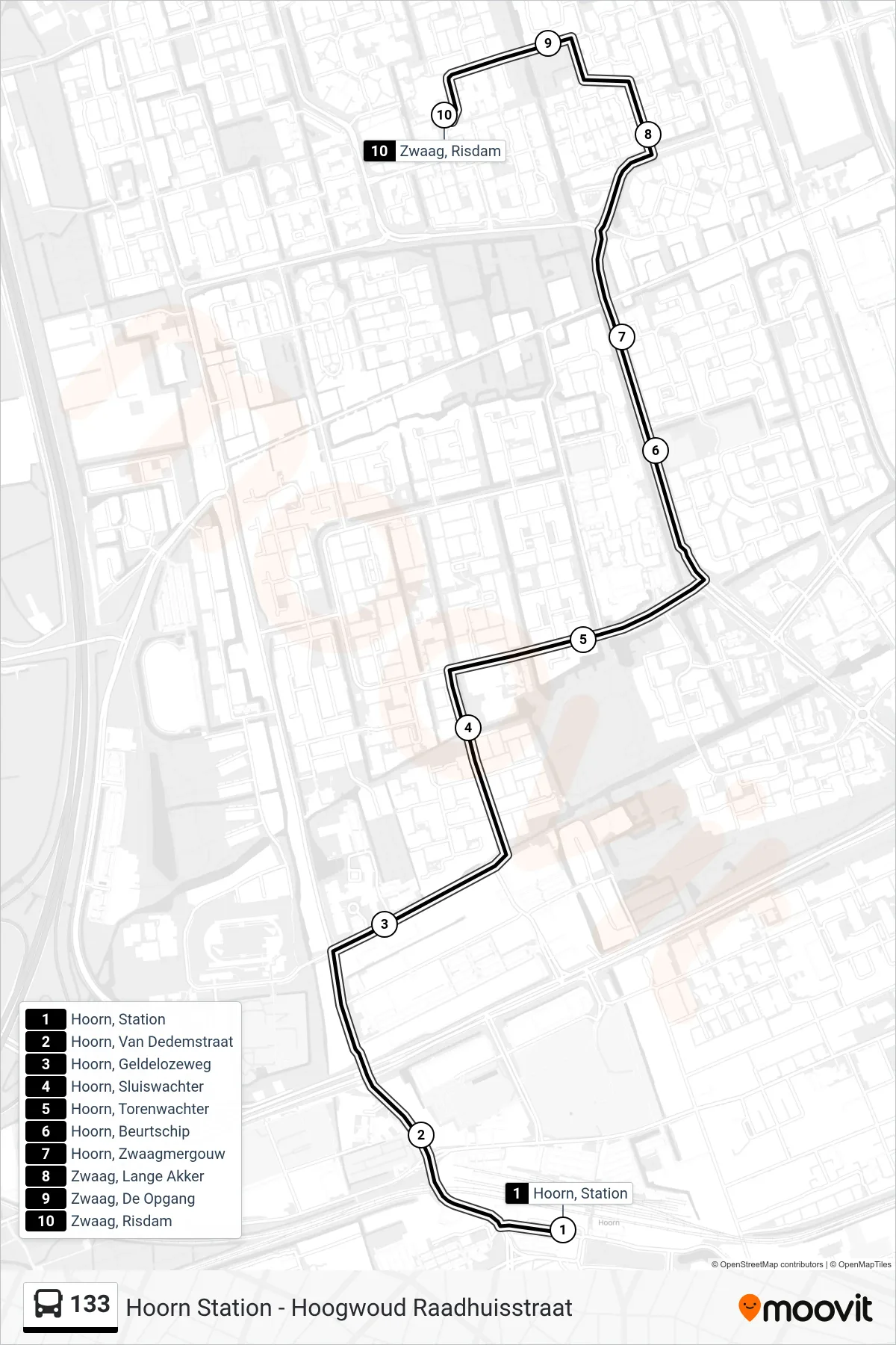 Lijn 133 (bus, Zwaag Risdam): route en haltes op de kaart