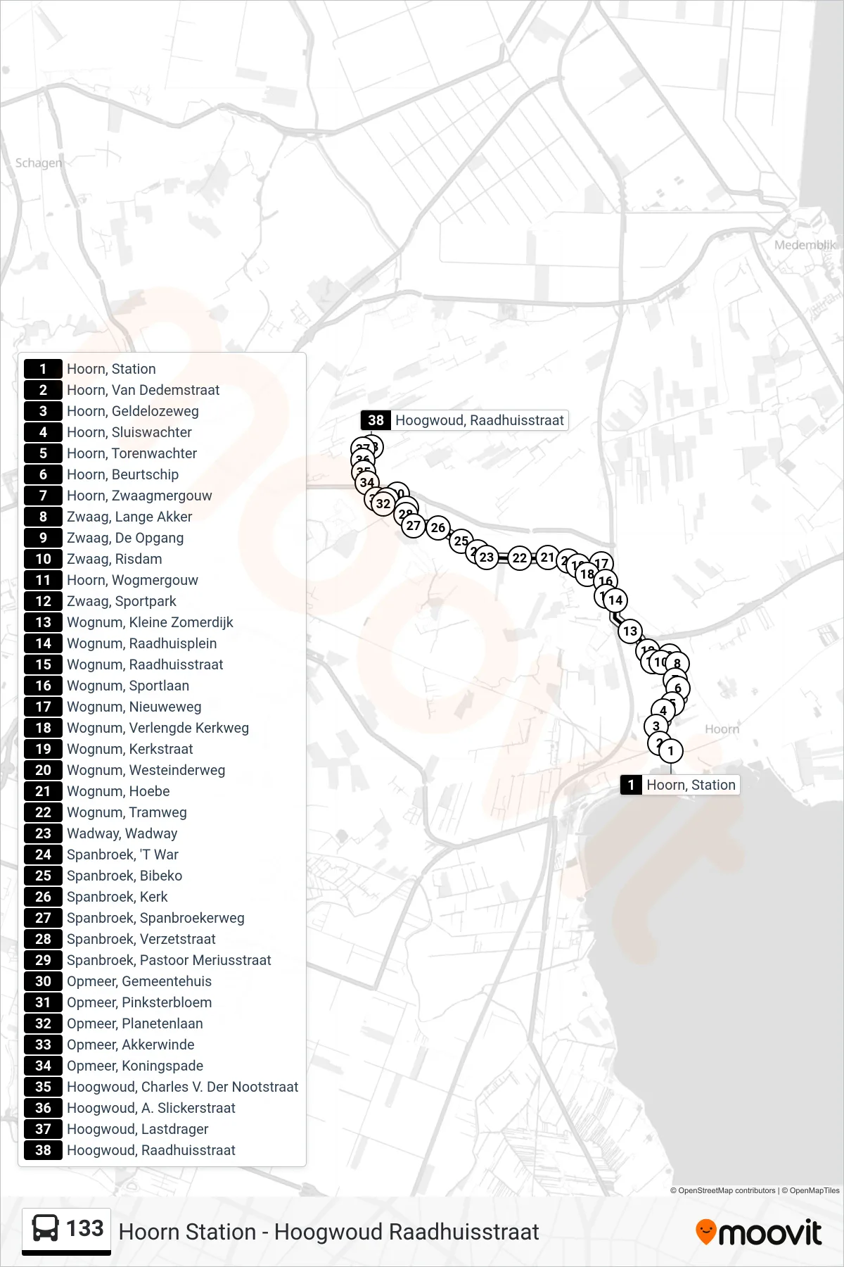 133 bus Line (Hoogwoud) route and stops on a map