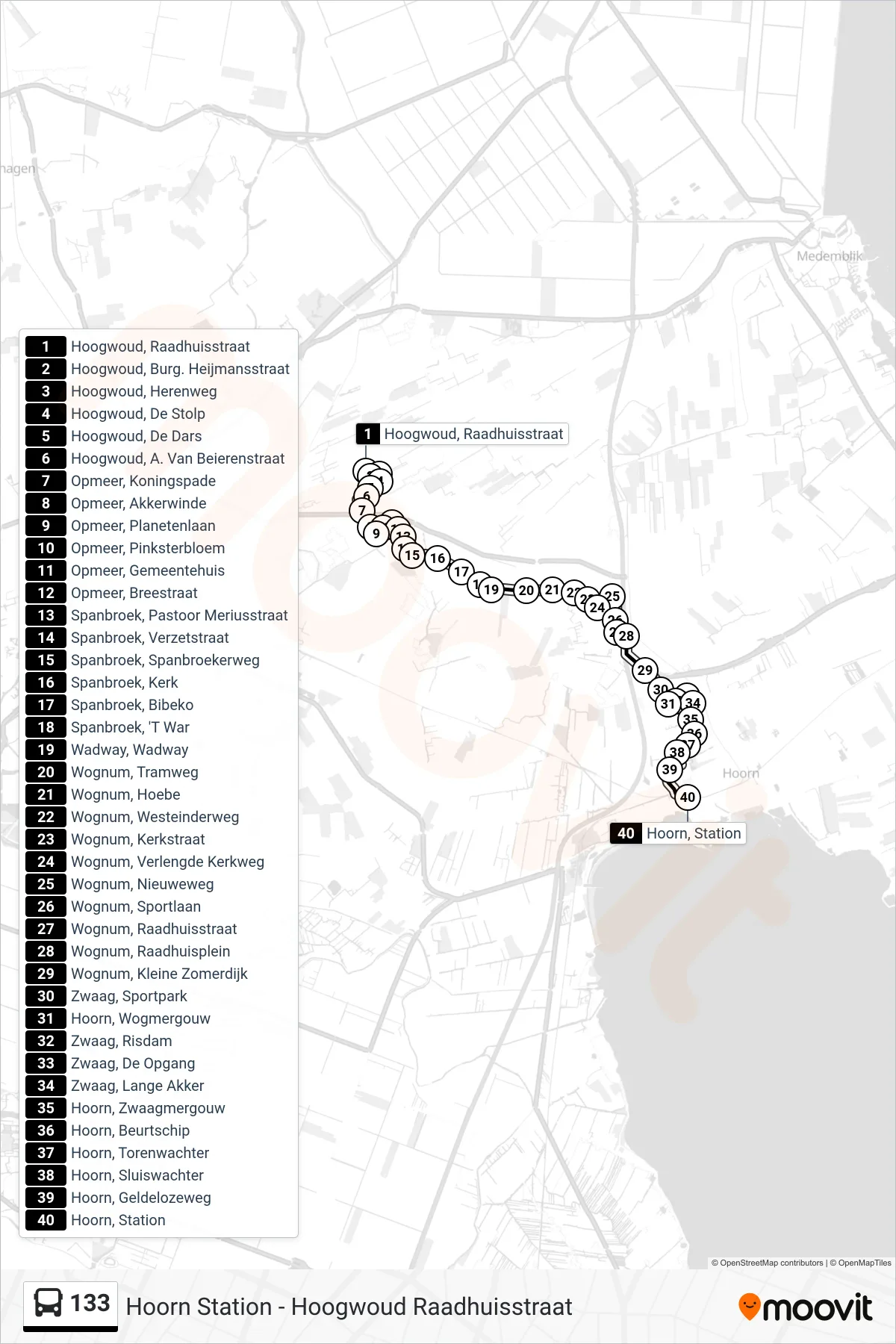 133 bus Line (Hoorn Station) route and stops on a map