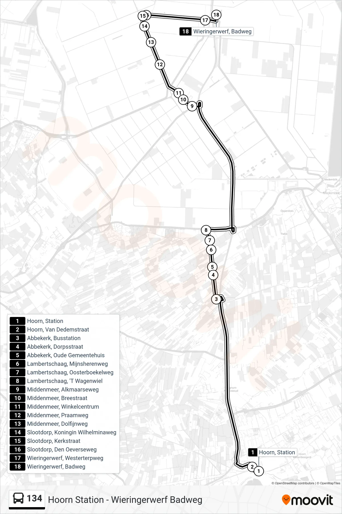 Lijn 134 (bus, Wieringerwerf Badweg): route en haltes op de kaart
