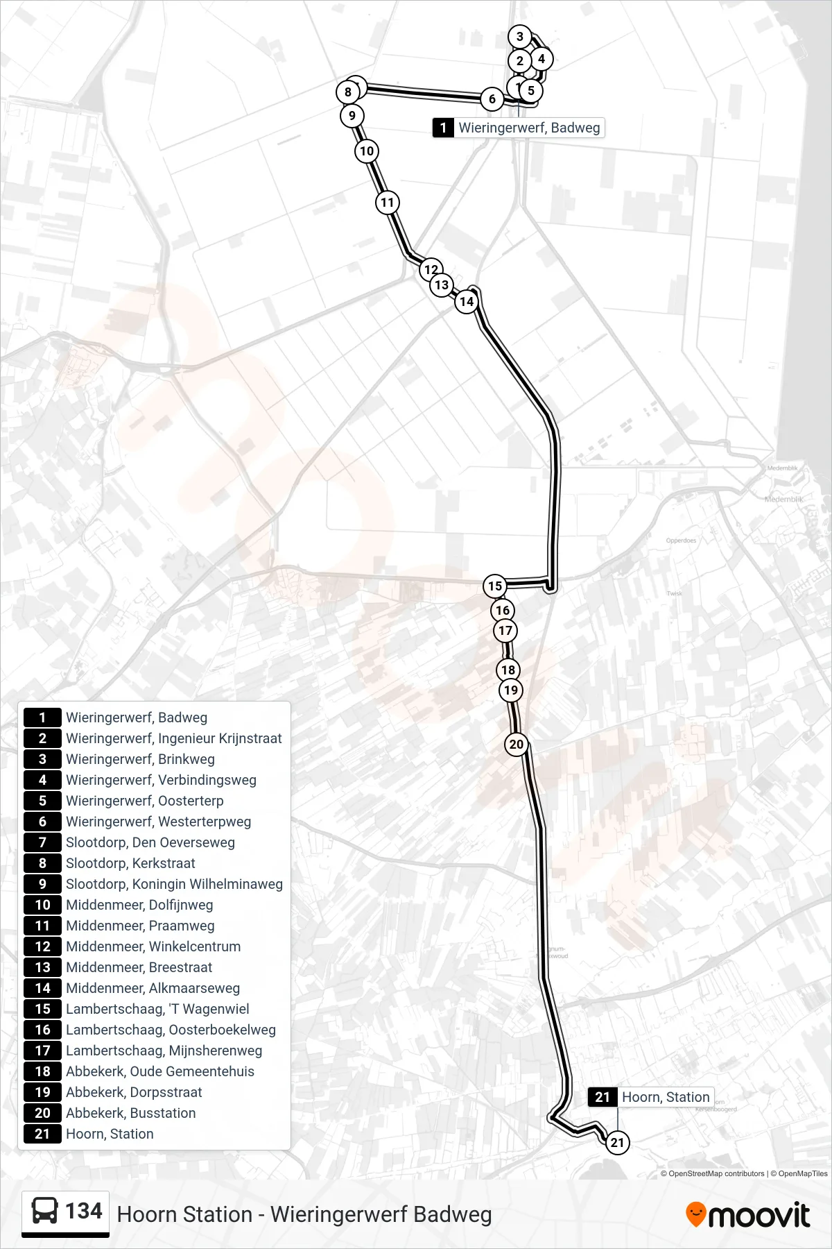 Lijn 134 (bus, Hoorn Station): route en haltes op de kaart