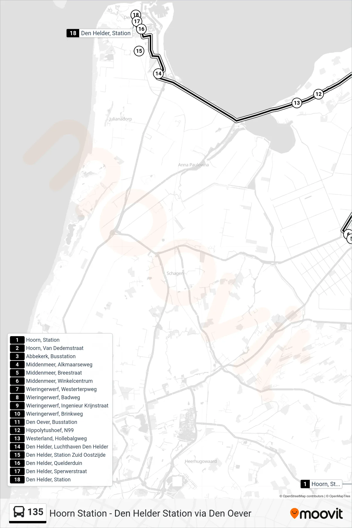 Lijn 135 (bus, Den Helder Station): route en haltes op de kaart