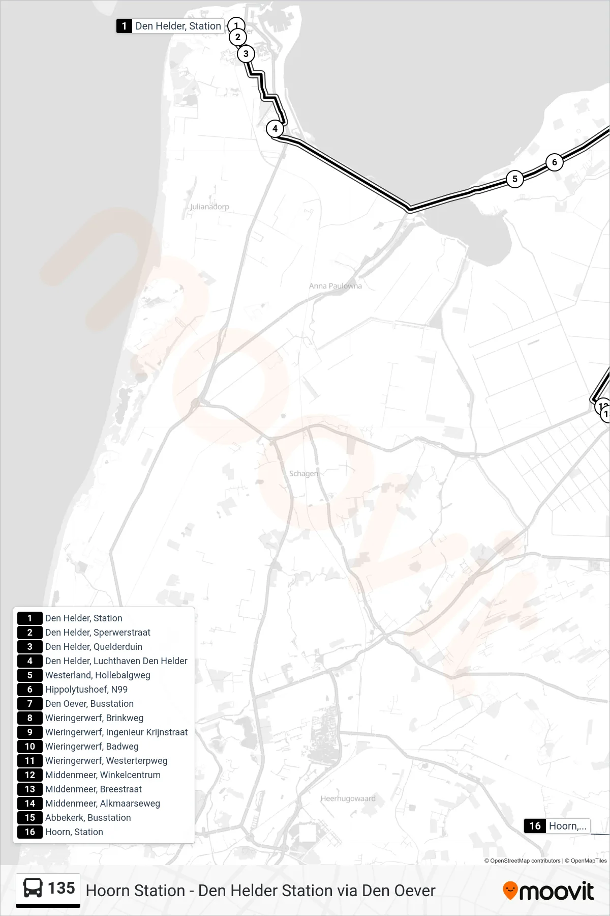 135 bus Line (Hoorn Station) route and stops on a map