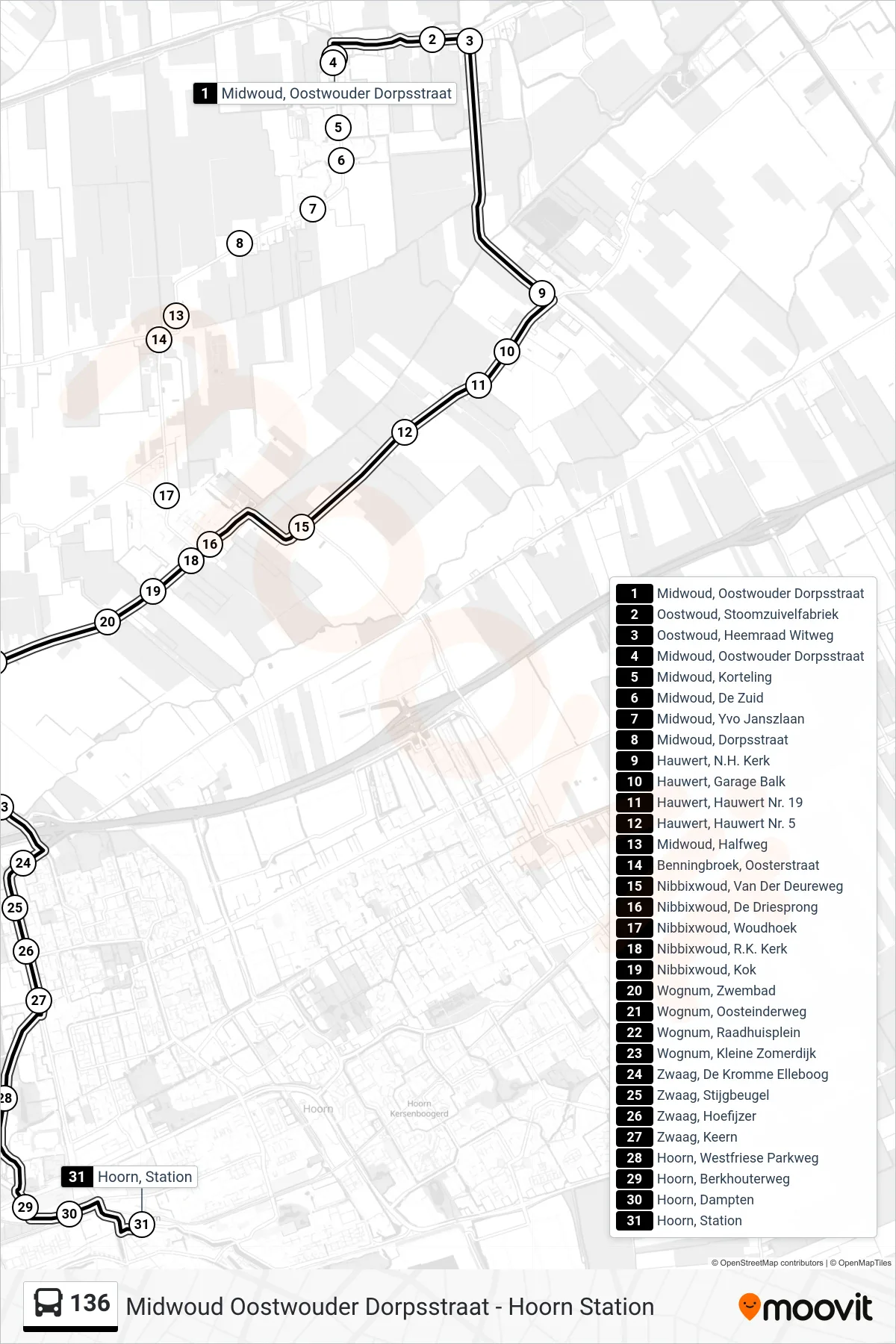 Lijn 136 (bus, Hoorn Station): route en haltes op de kaart