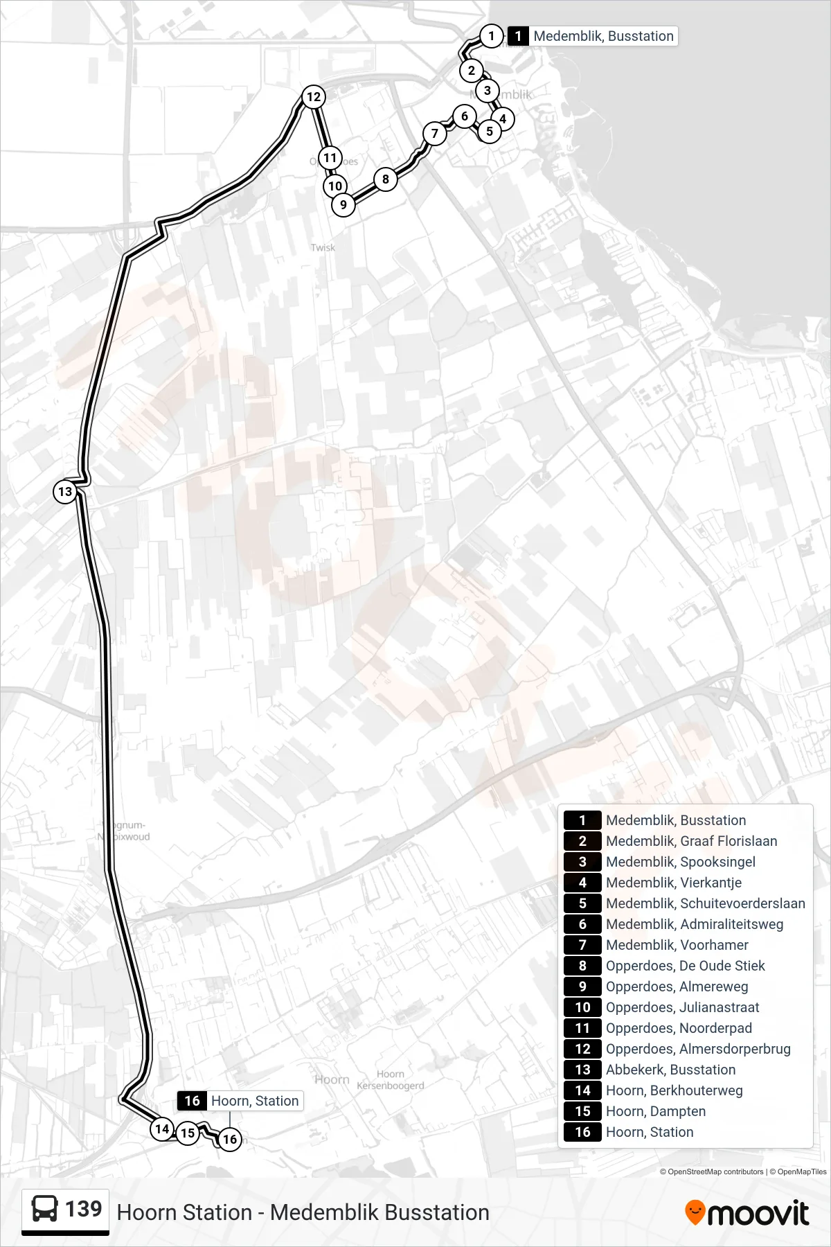 Lijn 139 (bus, Hoorn Station): route en haltes op de kaart