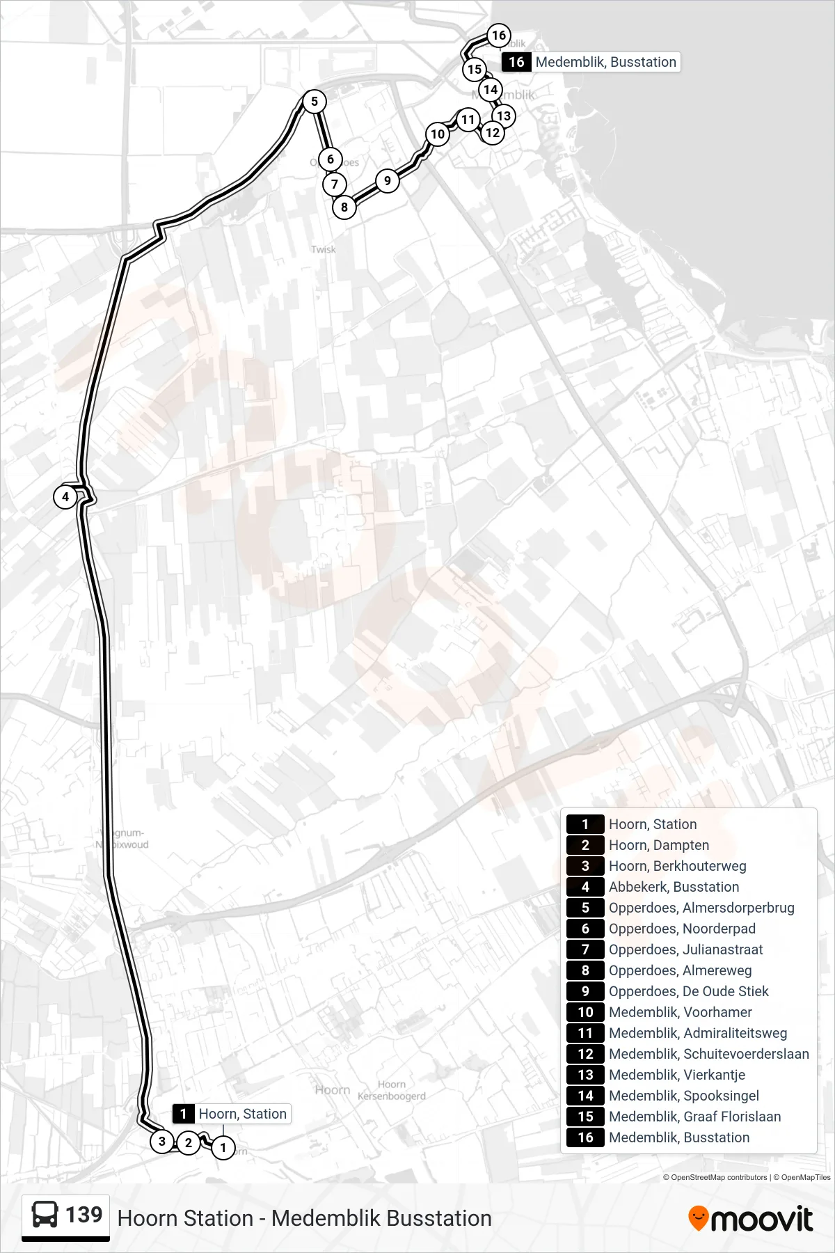 139 bus Line (Medemblik Busstation) route and stops on a map