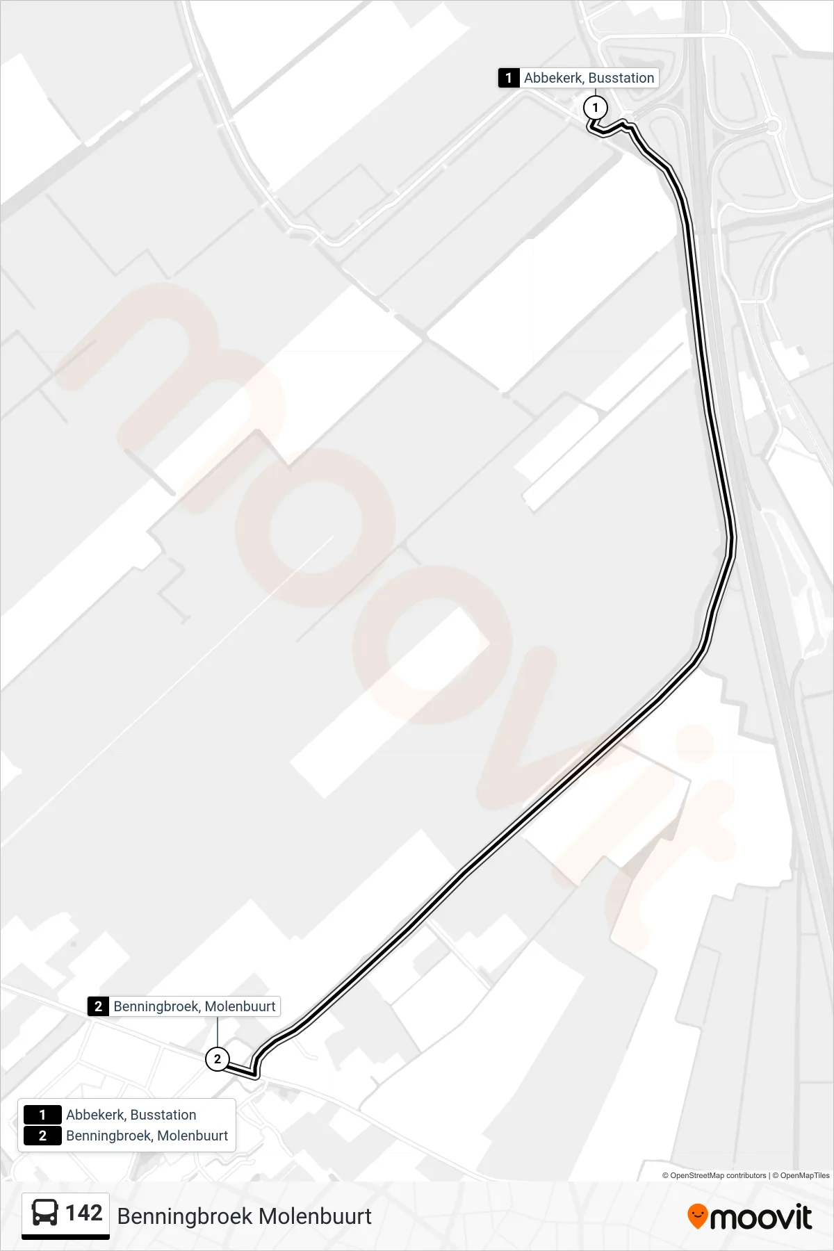 142 bus Line (Benningbroek Molenbuurt) route and stops on a map