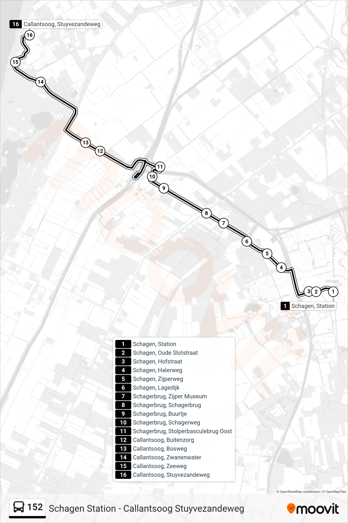 Lijn 152 (bus, Callantsoog Stuyvezandeweg): route en haltes op de kaart