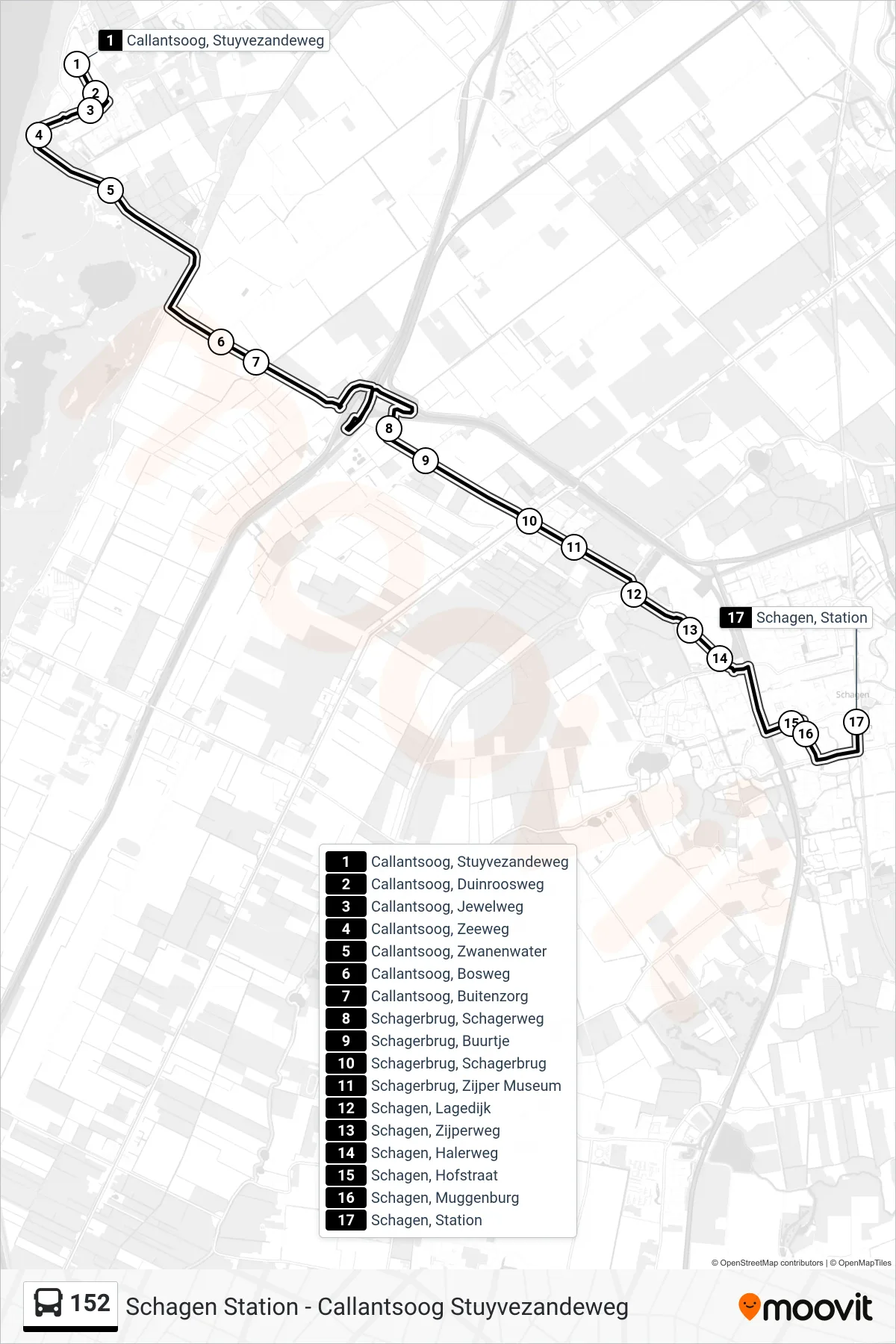 152 bus Line (Schagen Station) route and stops on a map