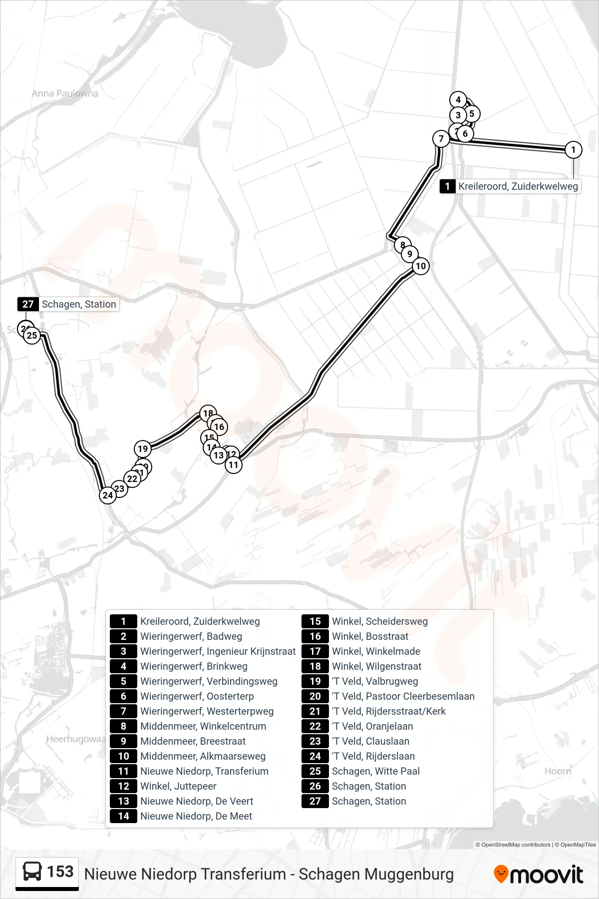 Lijn 153 (bus, Schagen Station): route en haltes op de kaart