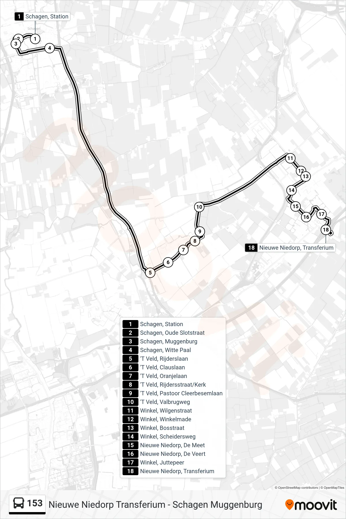 Lijn 153 (bus, Nieuwe Niedorp Transferium): route en haltes op de kaart