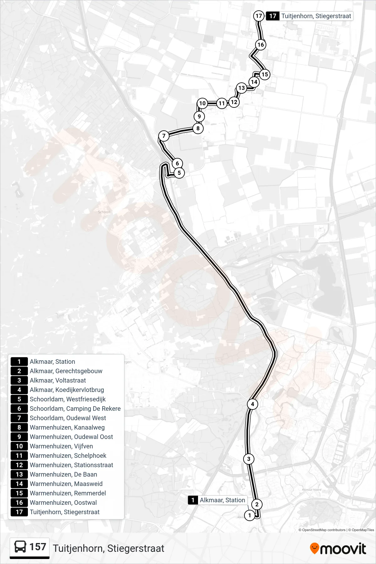 Lijn 157 (bus, Tuitjenhorn, Stiegerstraat): route en haltes op de kaart