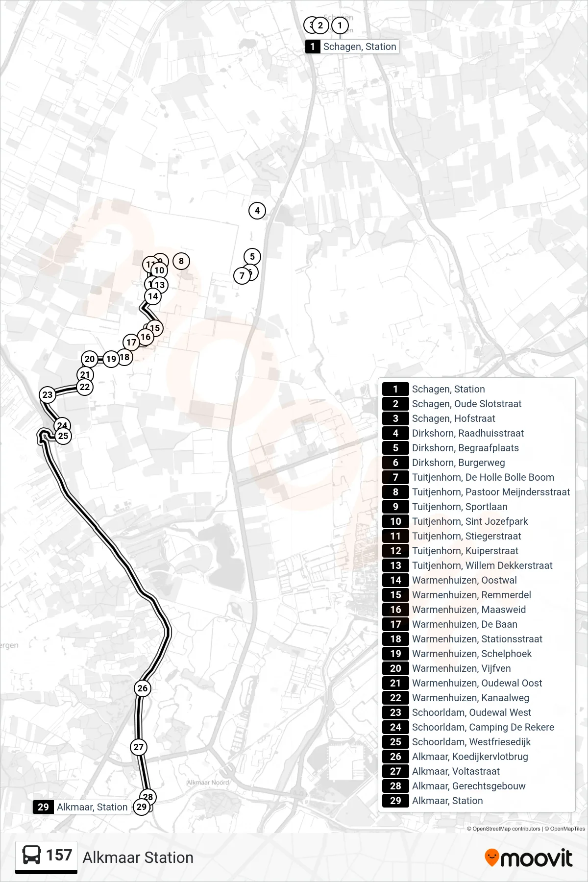 Lijn 157 (bus, Alkmaar Station): route en haltes op de kaart