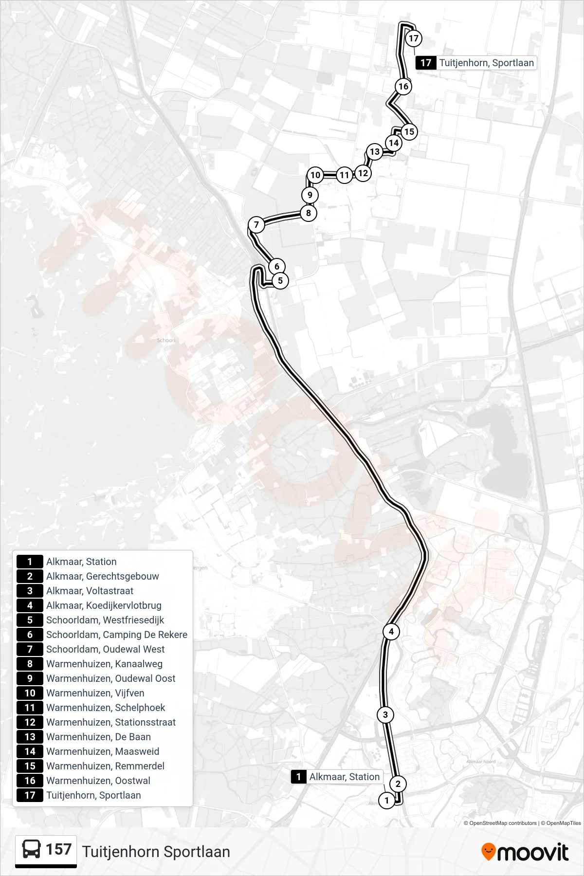 Lijn 157 (bus, Tuitjenhorn Sportlaan): route en haltes op de kaart