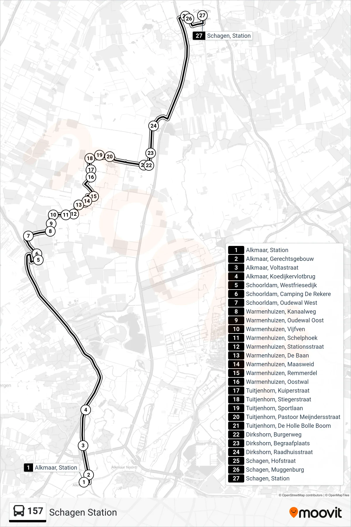 Lijn 157 (bus, Schagen Station): route en haltes op de kaart