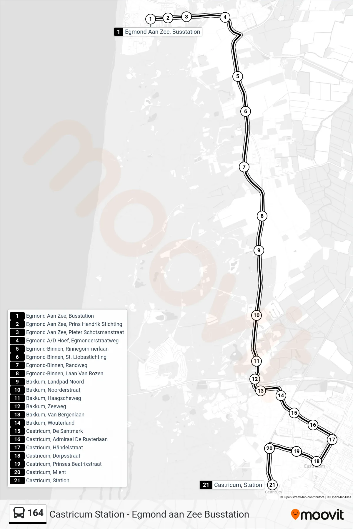 Lijn 164 (bus, Castricum Station): route en haltes op de kaart