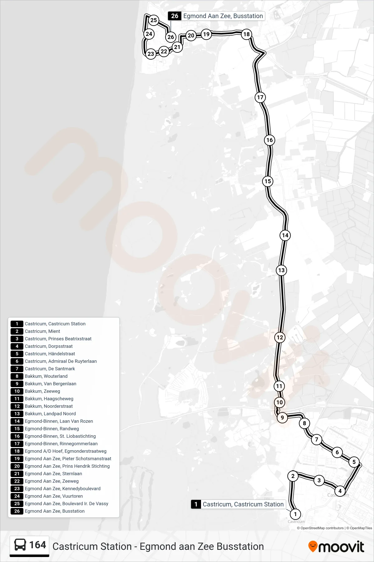 Lijn 164 (bus, Egmond Aan Zee Busstation): route en haltes op de kaart