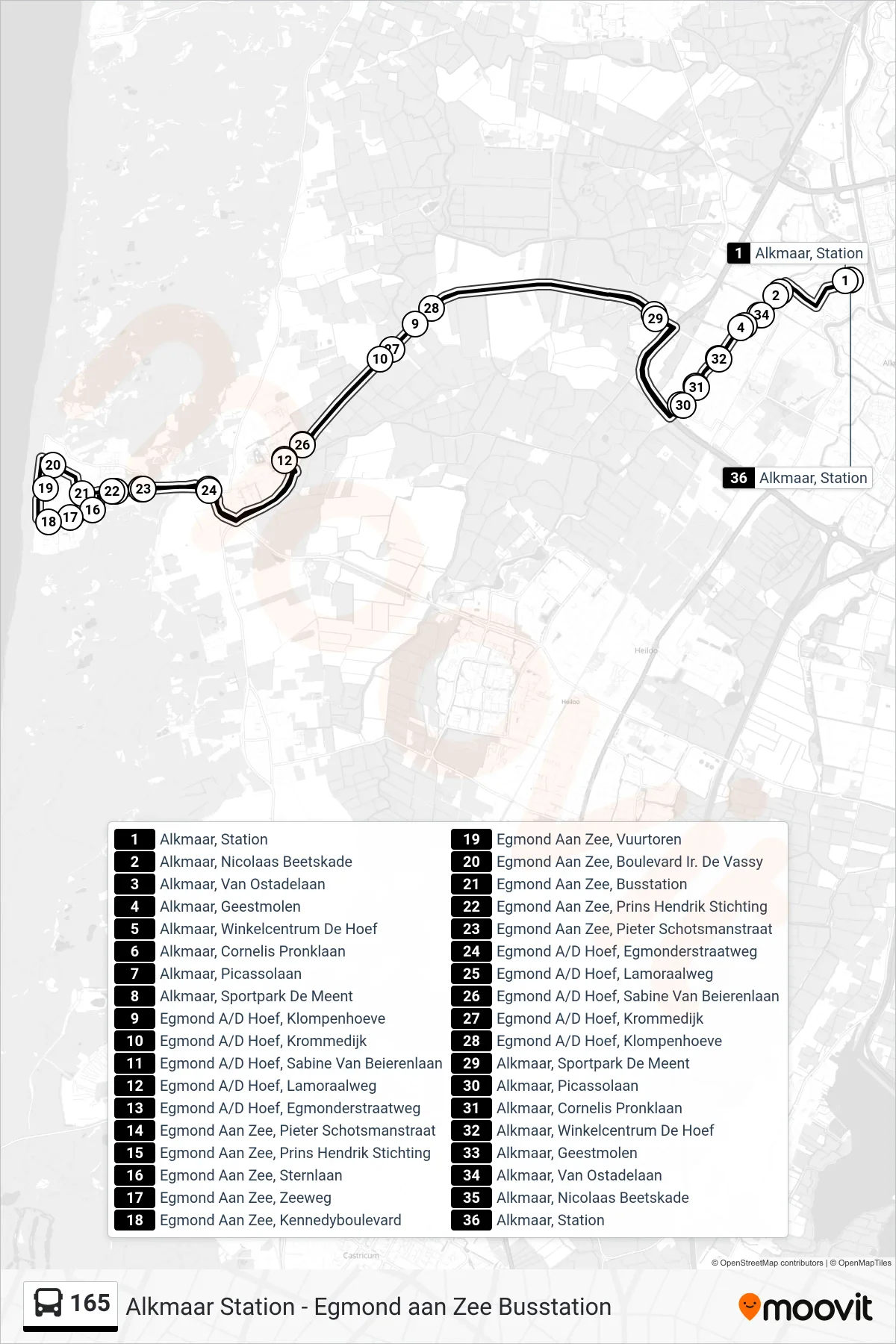 Lijn 165 (bus, Egmond Aan Zee Busstation): route en haltes op de kaart