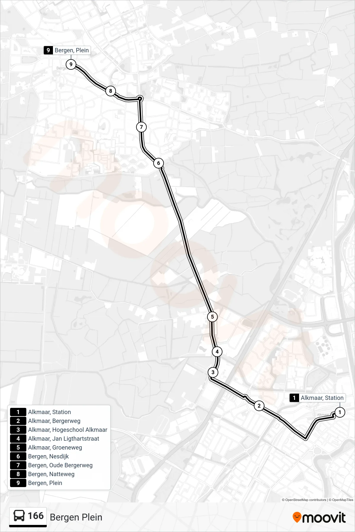 Linie 166 (Bus) Richtung Bergen Plein: Route und Haltestellen auf der Karte