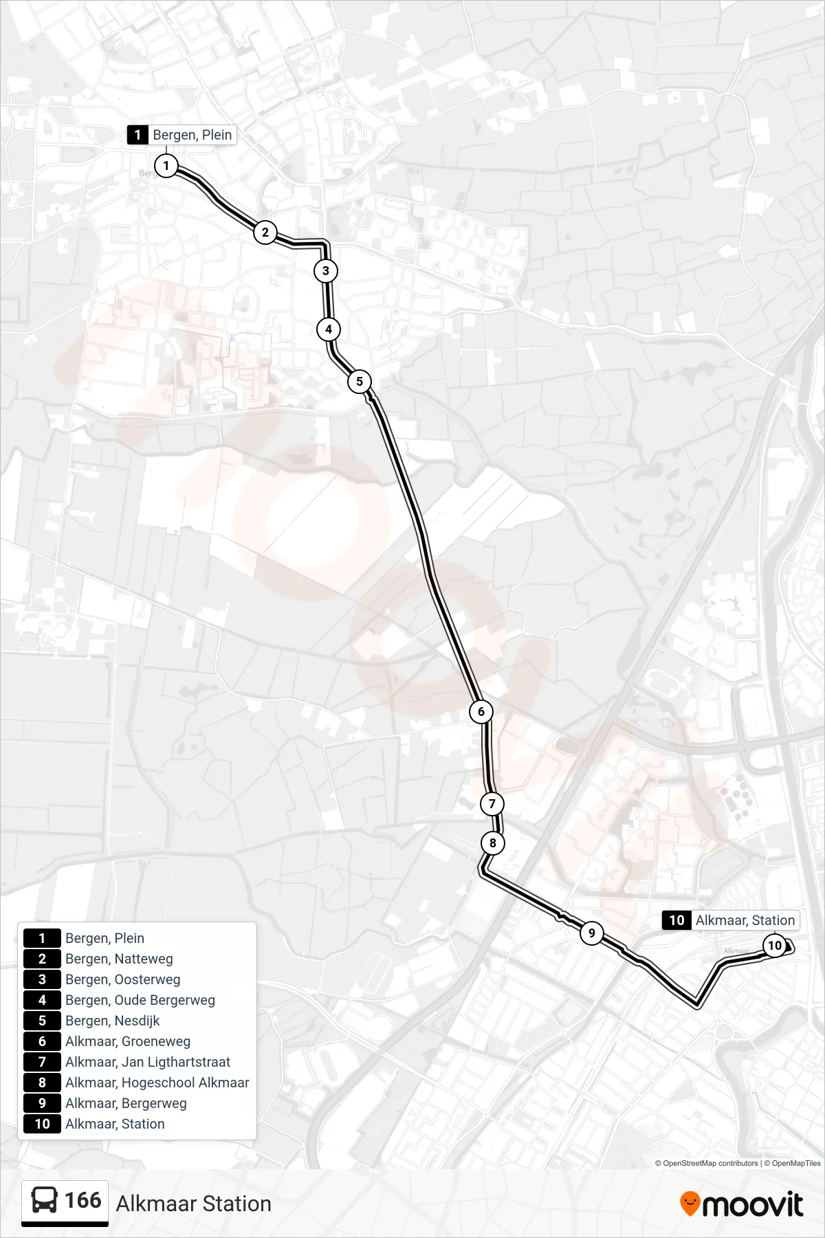 Lijn 166 (bus, Alkmaar Station): route en haltes op de kaart