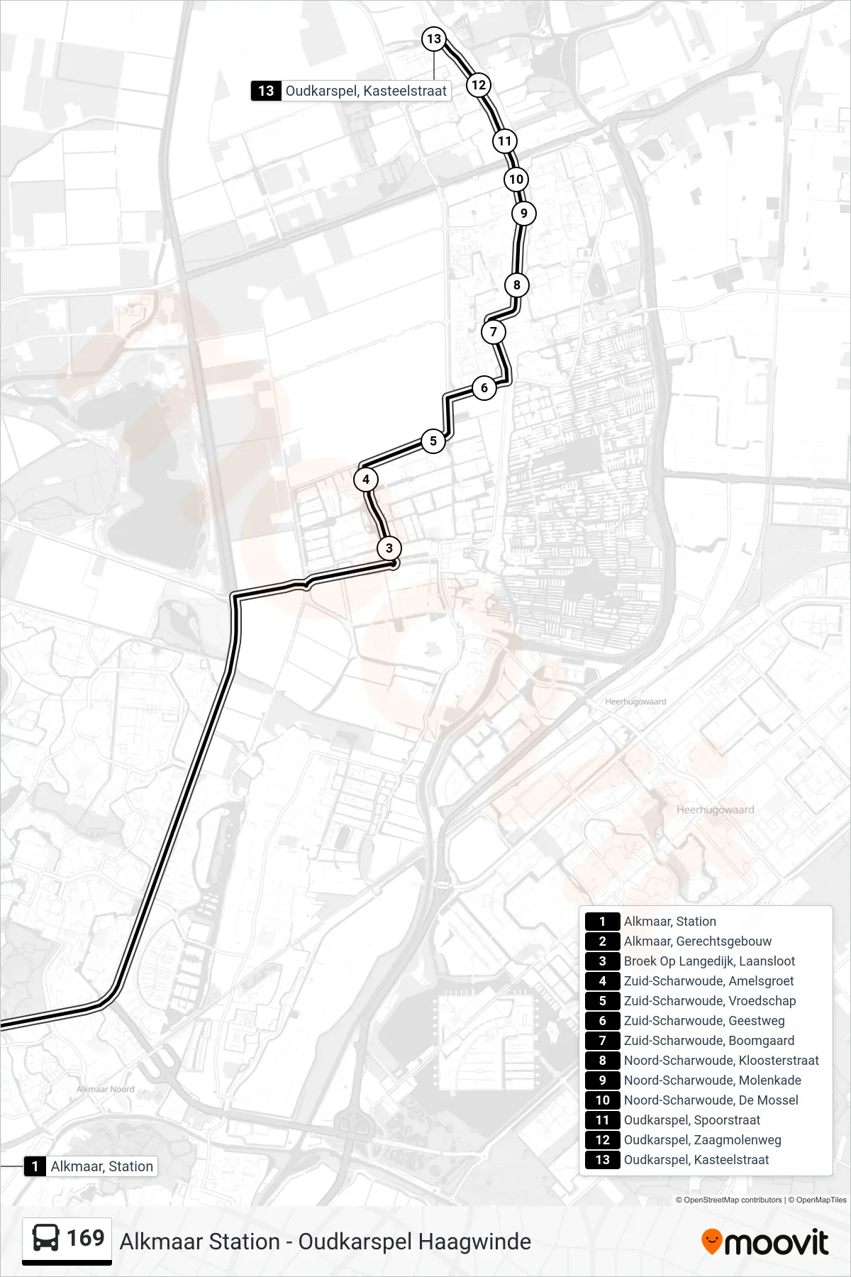 169 bus Line (Oudkarspel Kasteelstraat) route and stops on a map