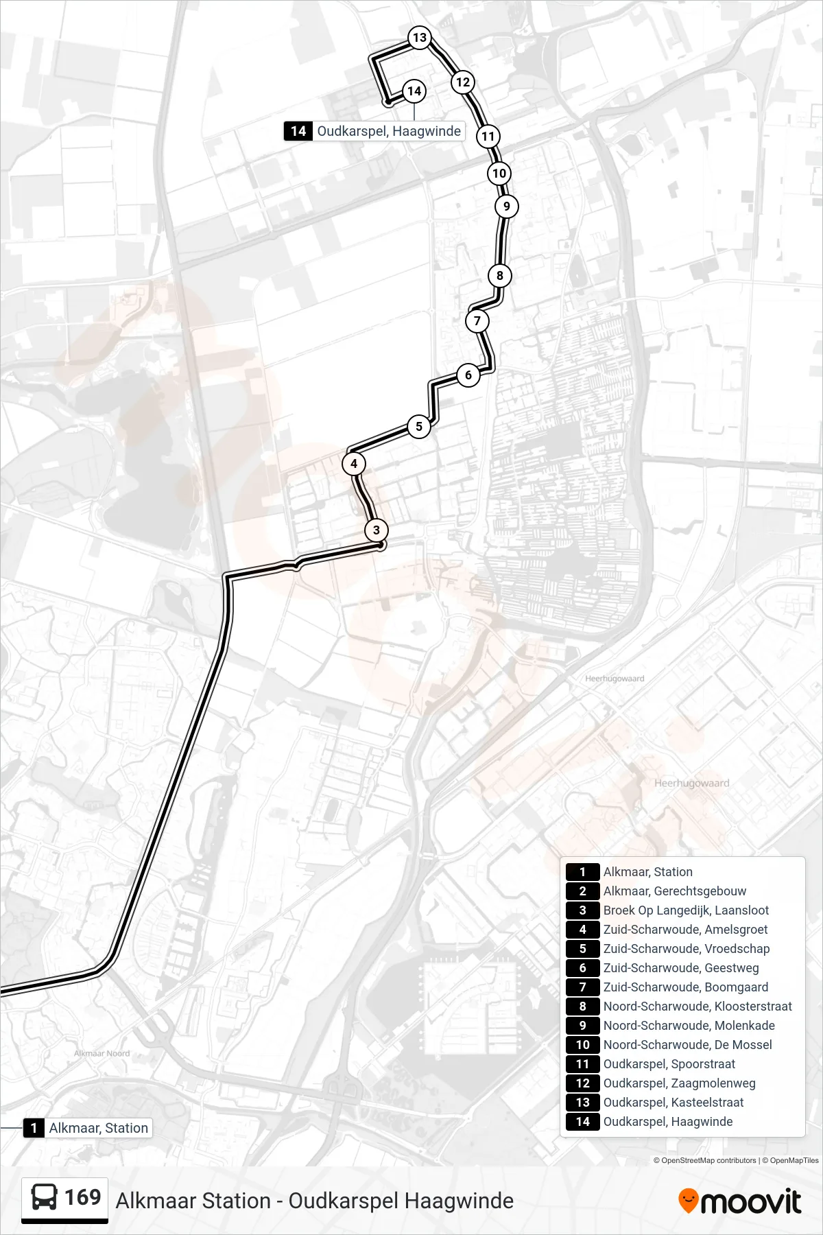 Lijn 169 (bus, Oudkarspel Haagwinde): route en haltes op de kaart
