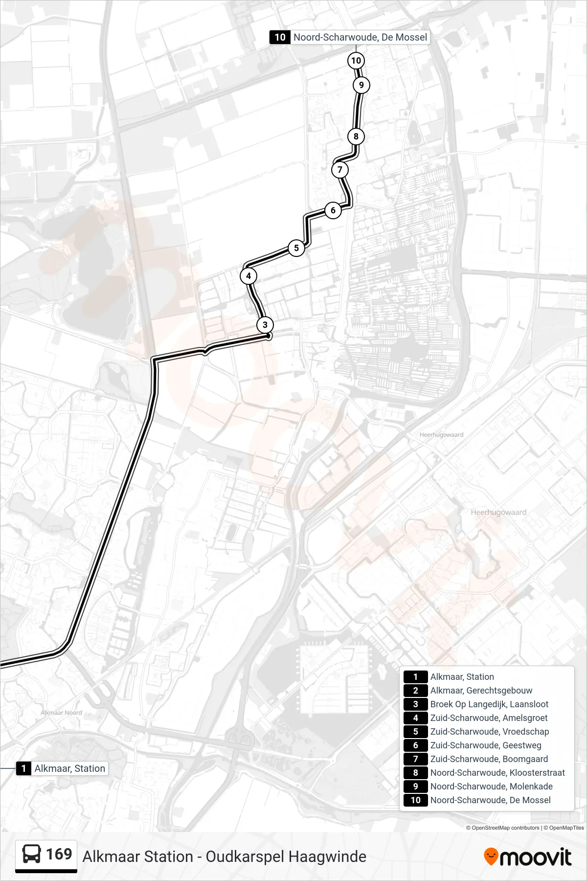 Lijn 169 (bus, Noord-Scharwoude De Mossel): route en haltes op de kaart